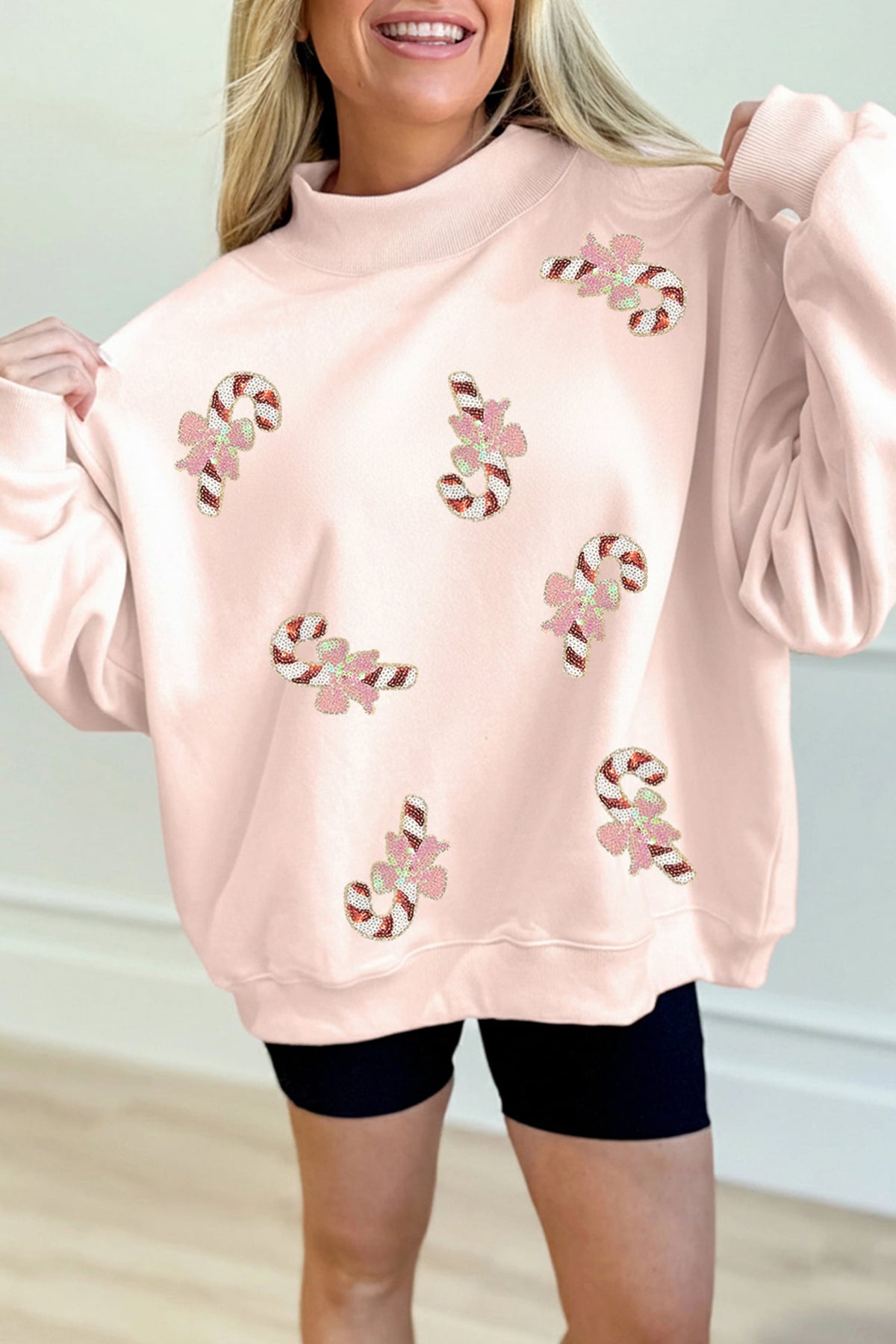 Light Pink Sequin Candy Cane Ribbed Mock Neck Christmas Sweatshirt