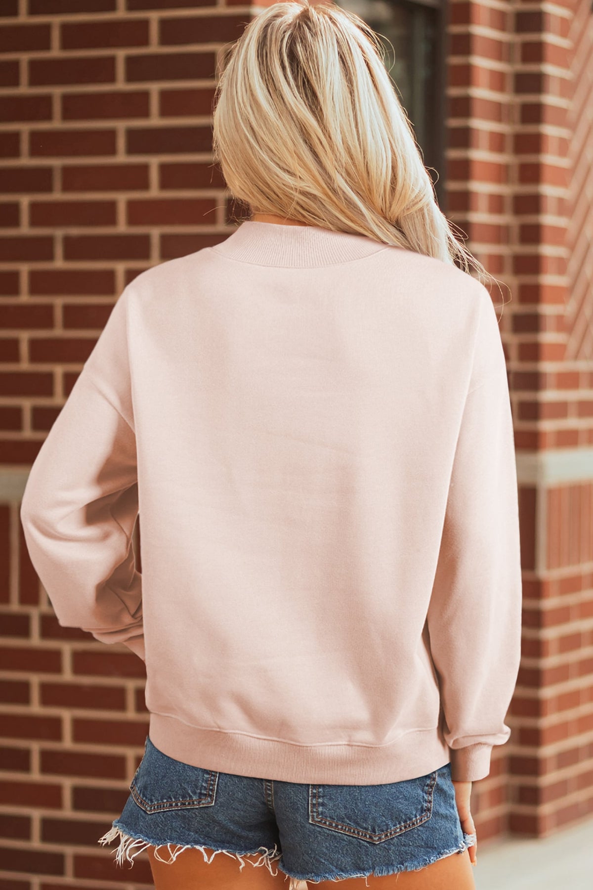 Light Pink Sequin Candy Cane Ribbed Mock Neck Christmas Sweatshirt