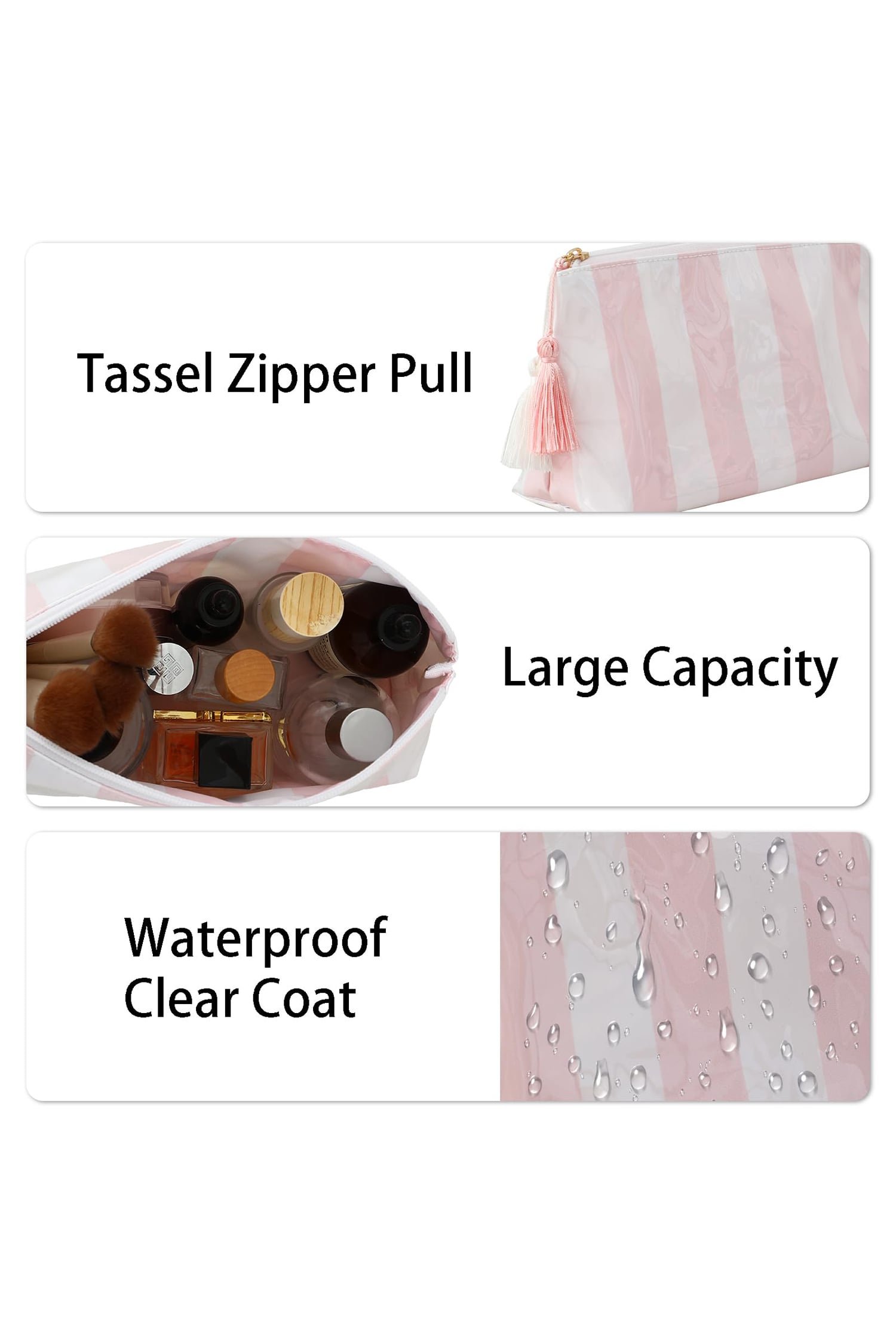 Light Pink Striped Vinyl Waterproof Tassel Zipper Makeup Bag