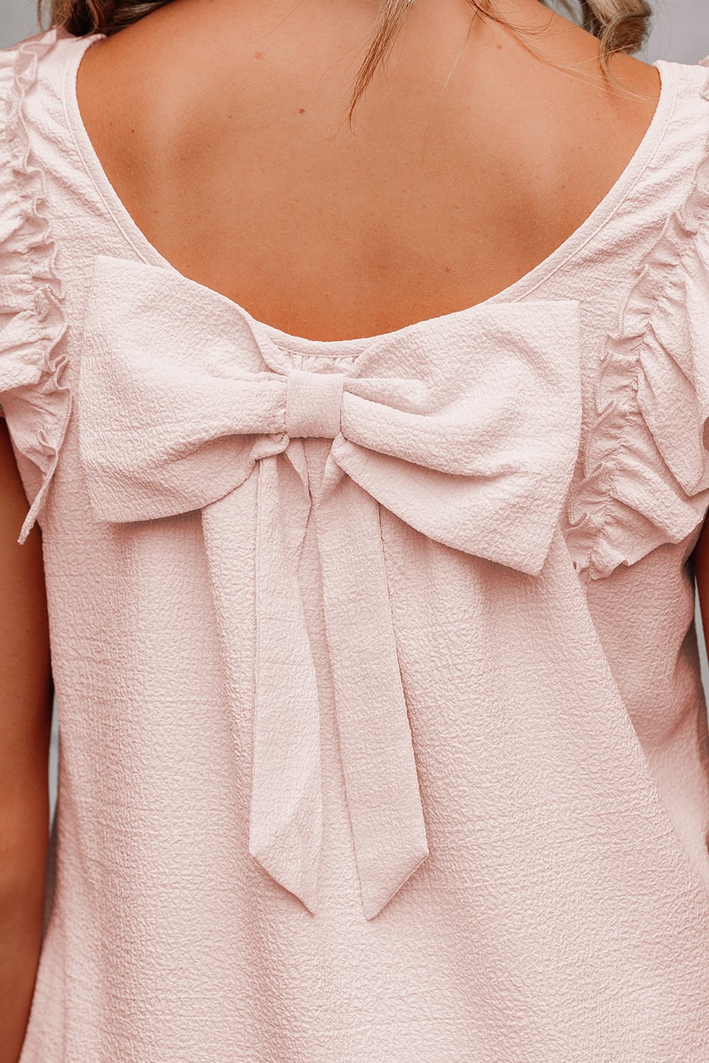 Light Pink Textured Flutter Sleeve Square Neck Bow Back Mini Dress