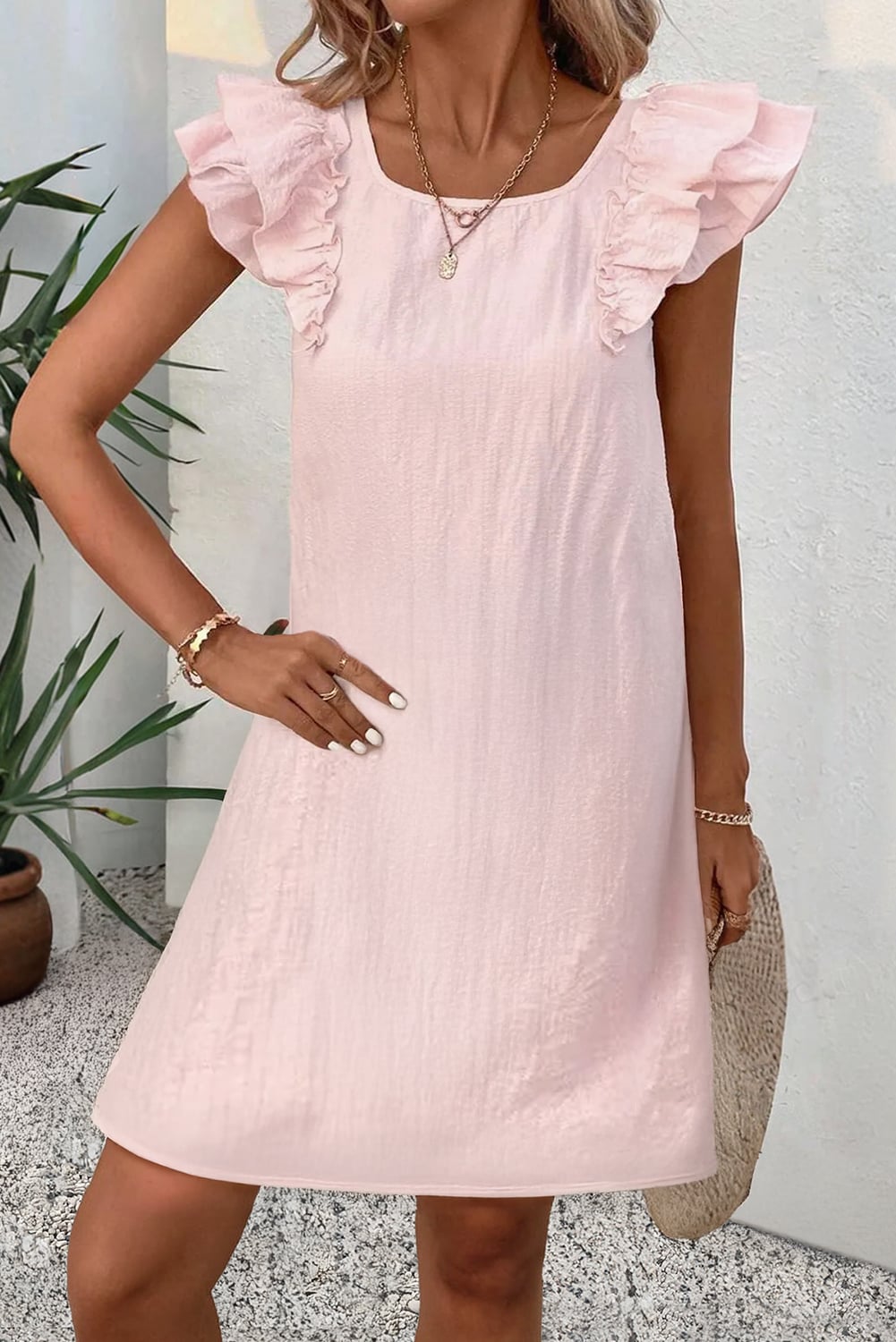 Light Pink Textured Flutter Sleeve Square Neck Bow Back Mini Dress