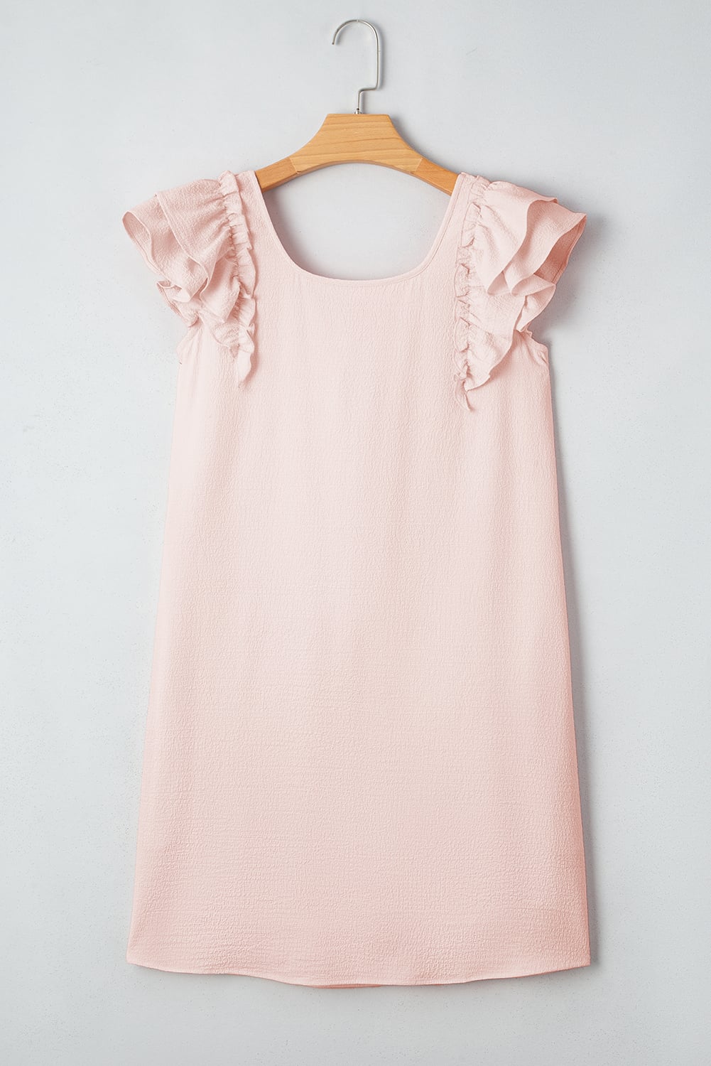 Light Pink Textured Flutter Sleeve Square Neck Bow Back Mini Dress