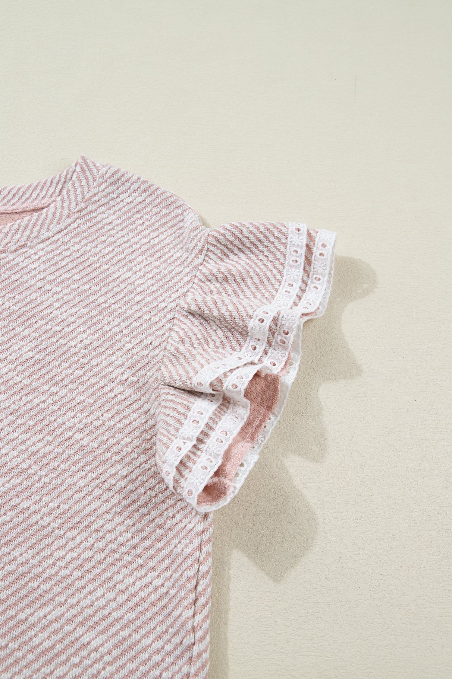 Light Pink Twilled Print Lace Trim Ruffled Short Sleeve Blouse