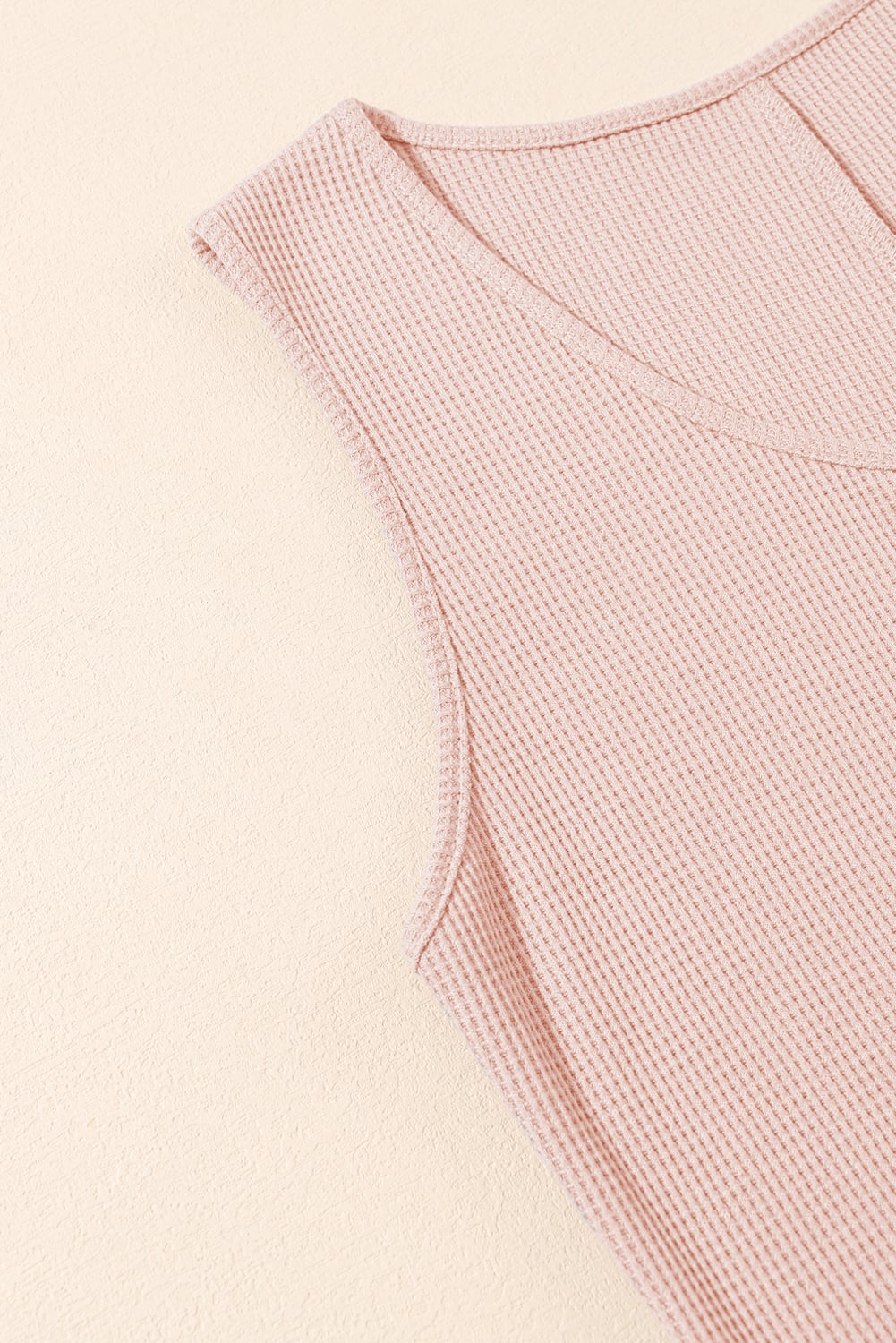 Light Pink Waffle Sleeveless U Neck Buttons Romper With Pockets