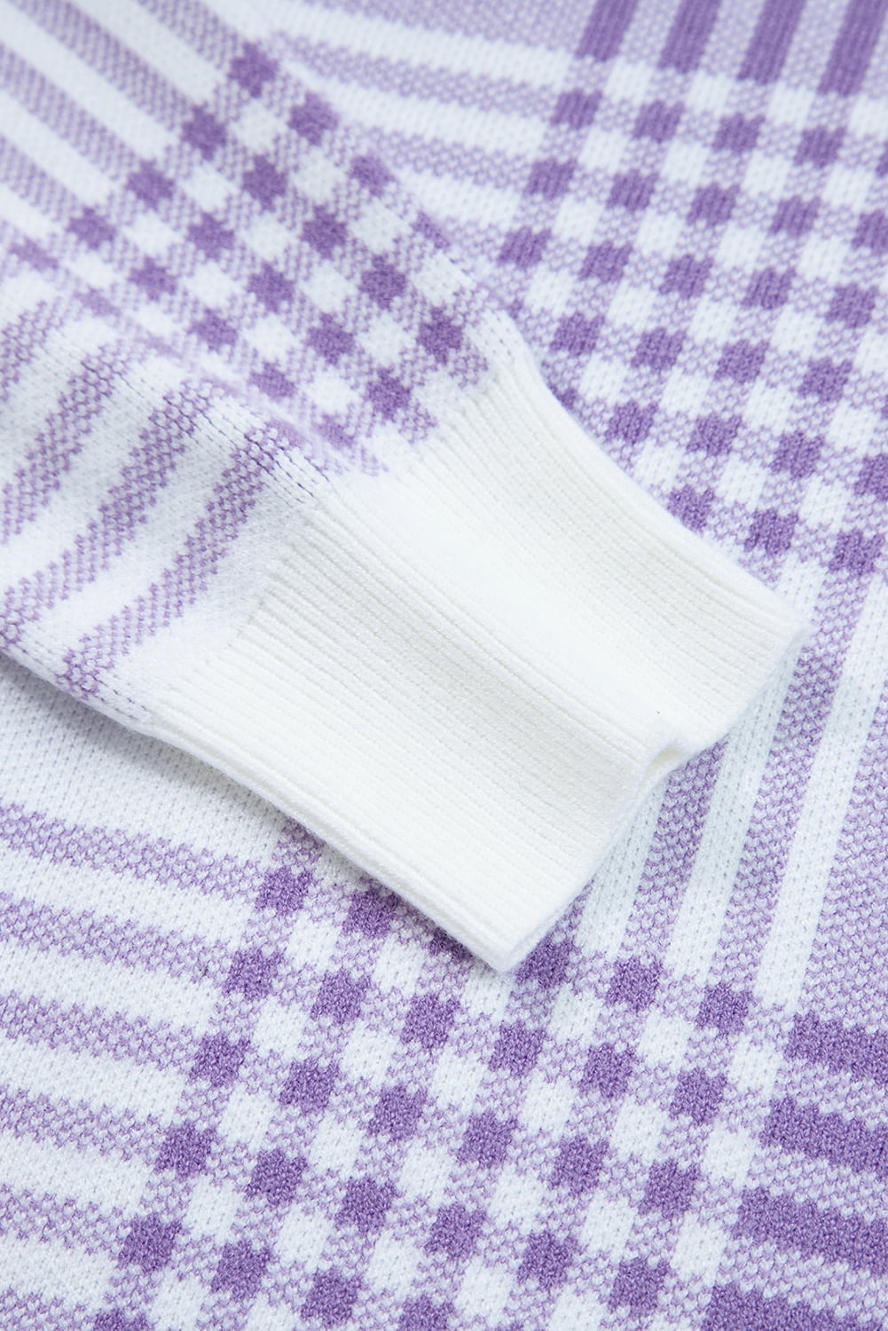 Lilac Plaid Print Ribbed Trim Loose Sweater