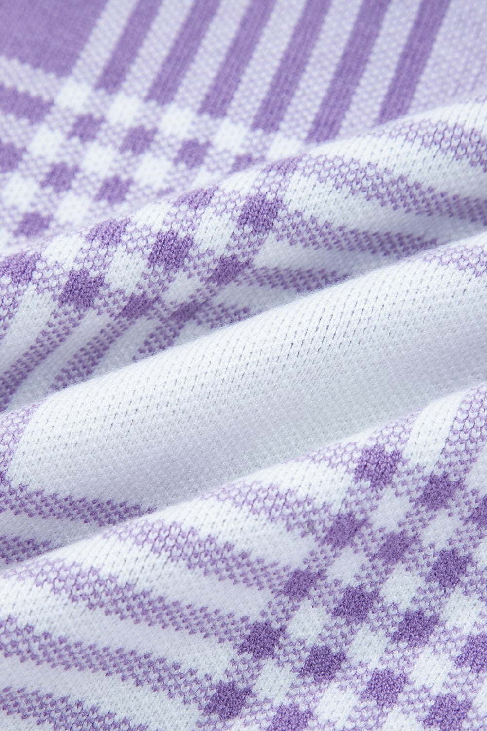 Lilac Plaid Print Ribbed Trim Loose Sweater