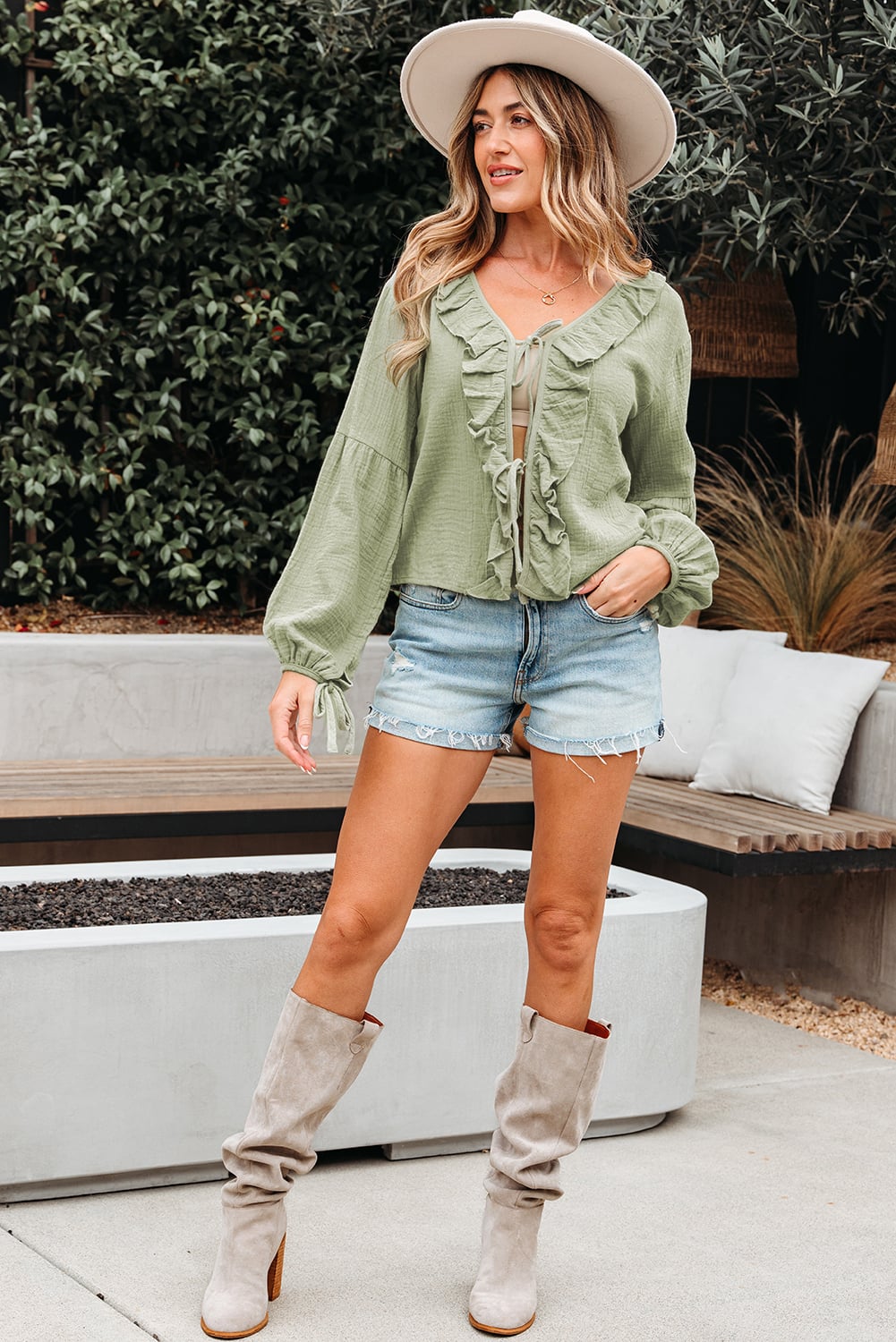 Meadow Mist Green Bow Tie Front Ruffle Trim V Neck Long Sleeve Gauze Blouse