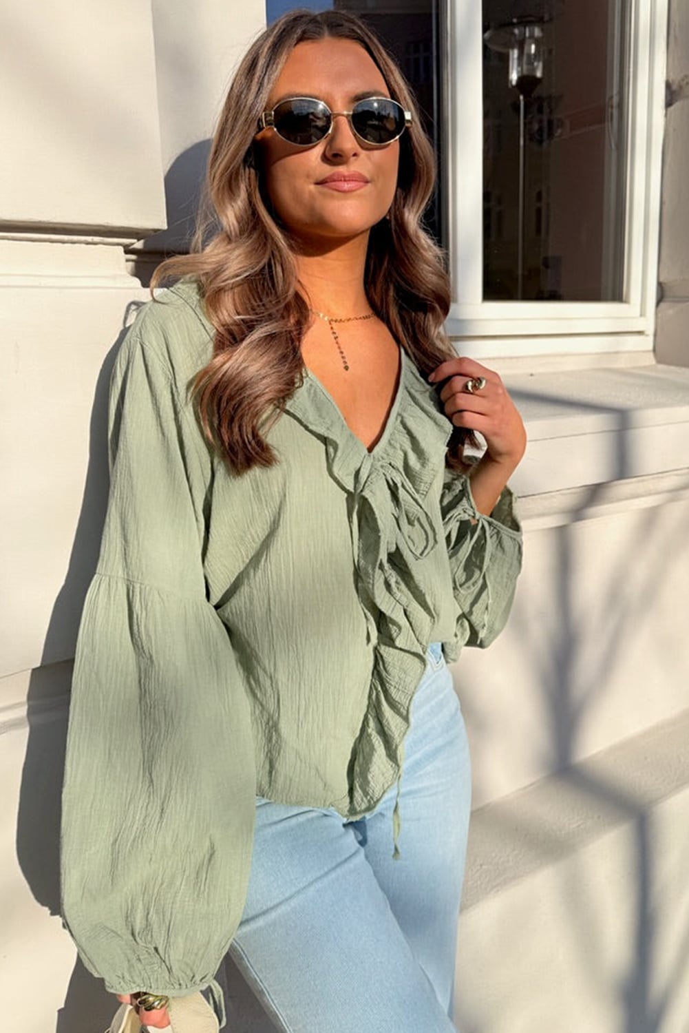 Meadow Mist Green Bow Tie Front Ruffle Trim V Neck Long Sleeve Gauze Blouse