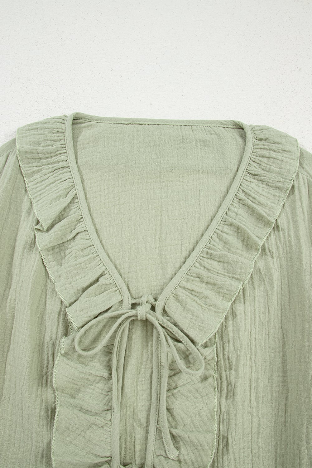 Meadow Mist Green Bow Tie Front Ruffle Trim V Neck Long Sleeve Gauze Blouse
