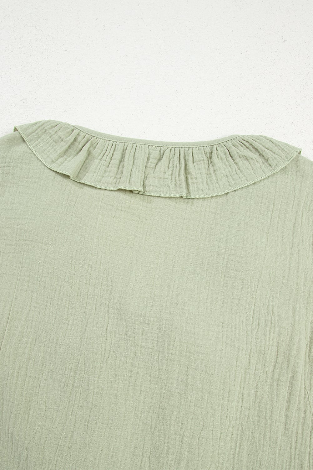 Meadow Mist Green Bow Tie Front Ruffle Trim V Neck Long Sleeve Gauze Blouse