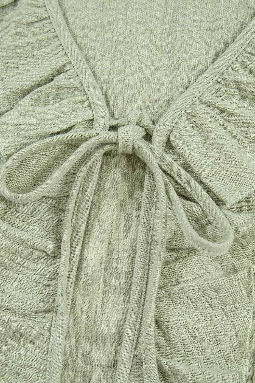 Meadow Mist Green Bow Tie Front Ruffle Trim V Neck Long Sleeve Gauze Blouse