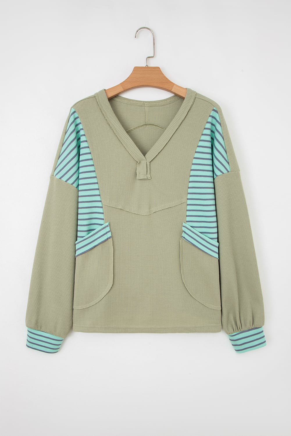 Meadow Mist Green Exposed Seam Waffle Striped Patchwork Baggy Pullover
