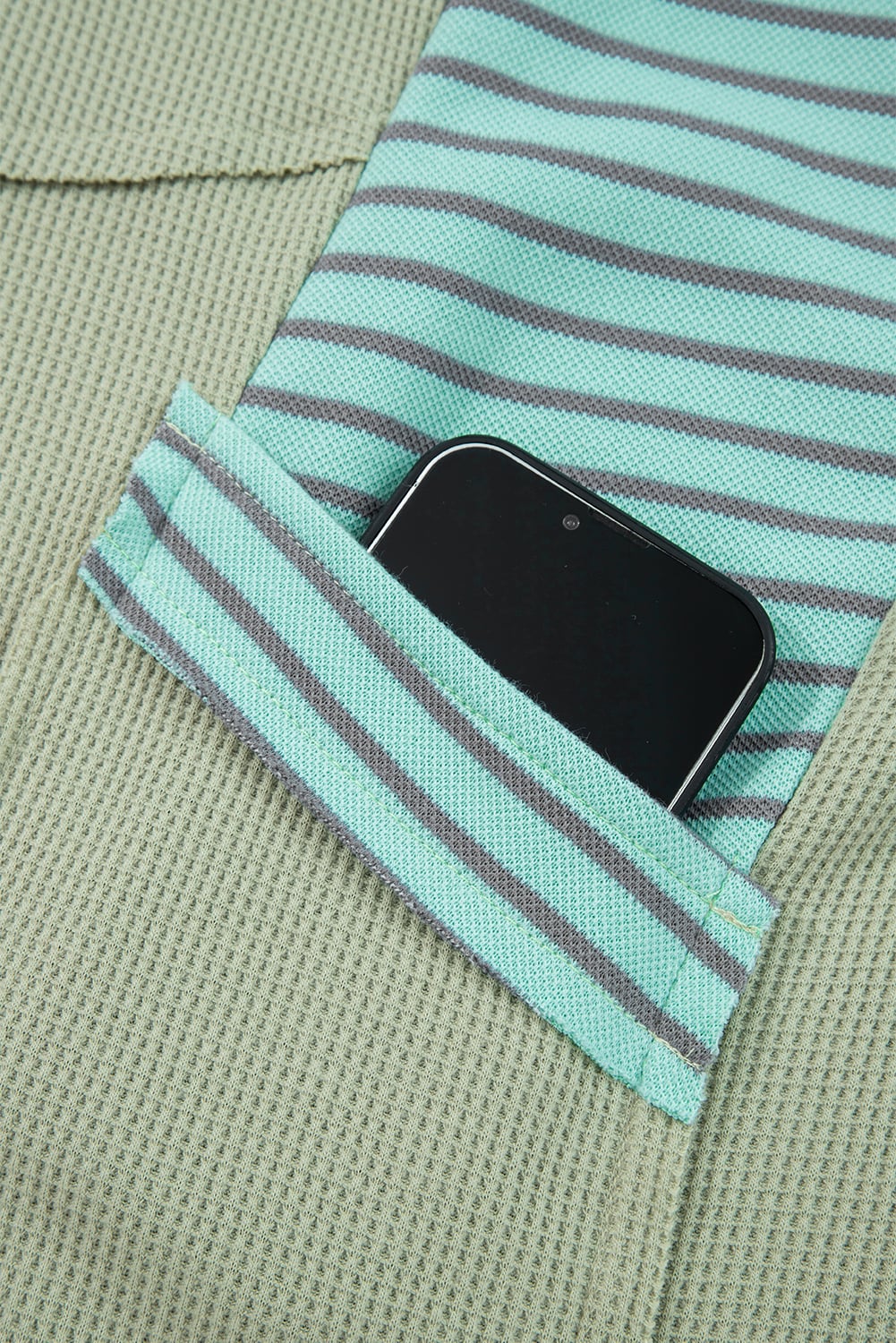 Meadow Mist Green Exposed Seam Waffle Striped Patchwork Baggy Pullover