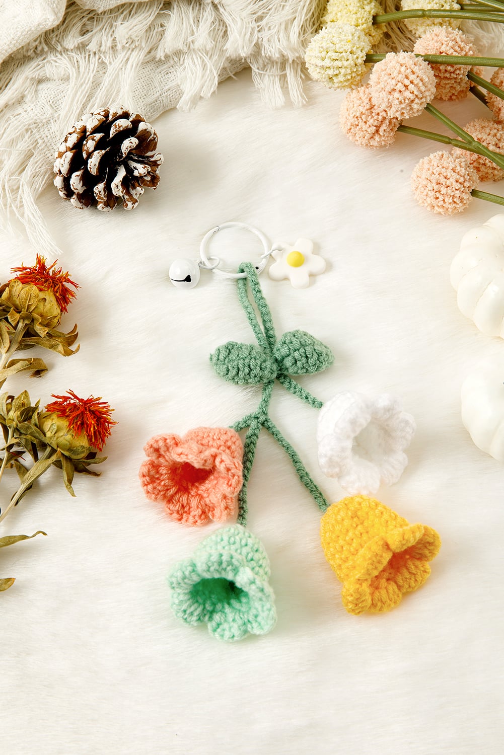Meadow Mist Green Handmade Crochet Bell Orchid Flower Key Ring Bag Pendant