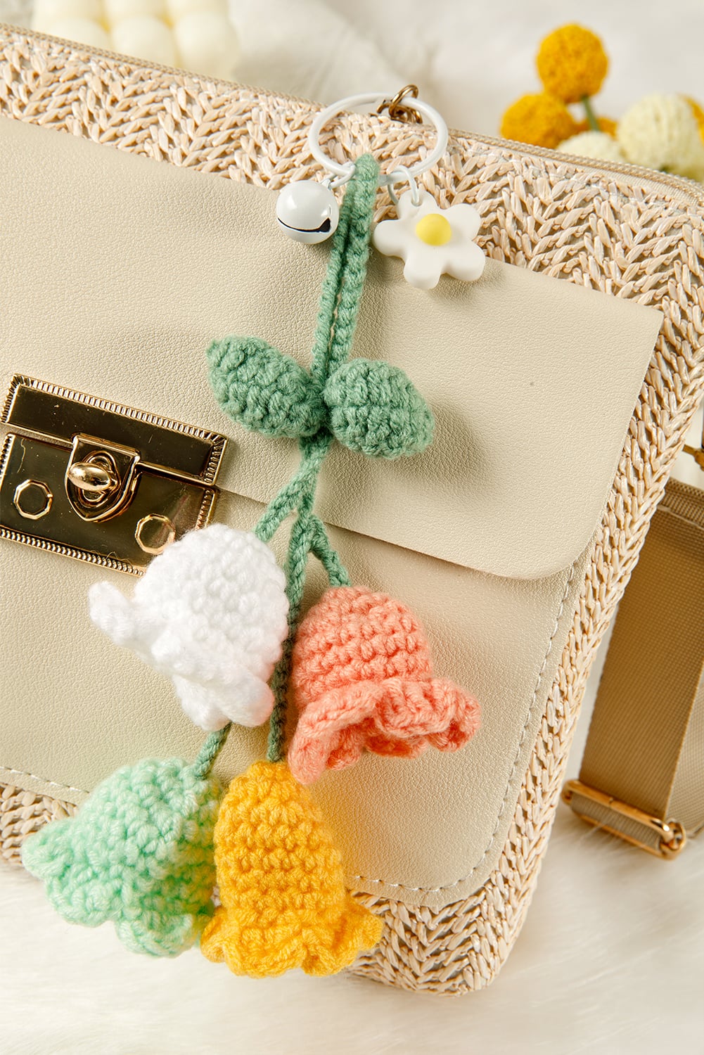 Meadow Mist Green Handmade Crochet Bell Orchid Flower Key Ring Bag Pendant