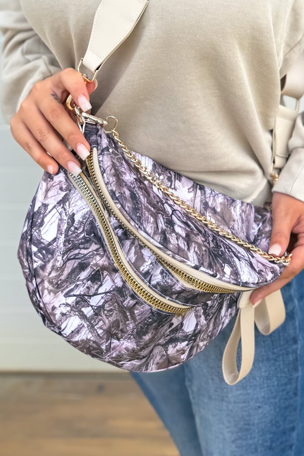 Medium Grey Abstract/ Camouflage/ Polka Dot/ Leopard Print Double Zip Fashion Crossbody Bag