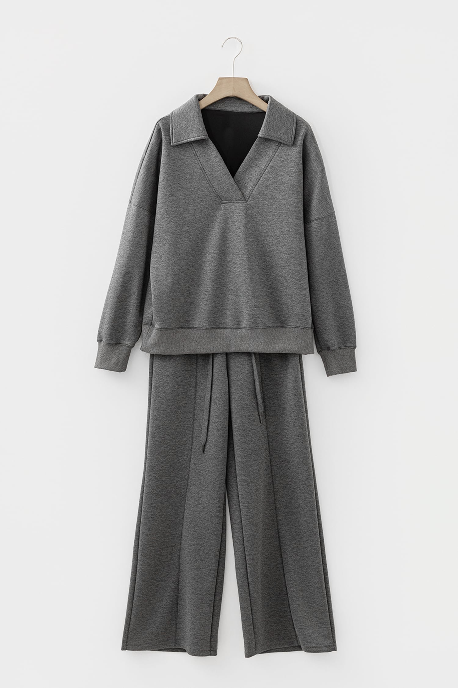 Medium Grey Collared V Neck Pullover Sweatshirt Sweatpants Set