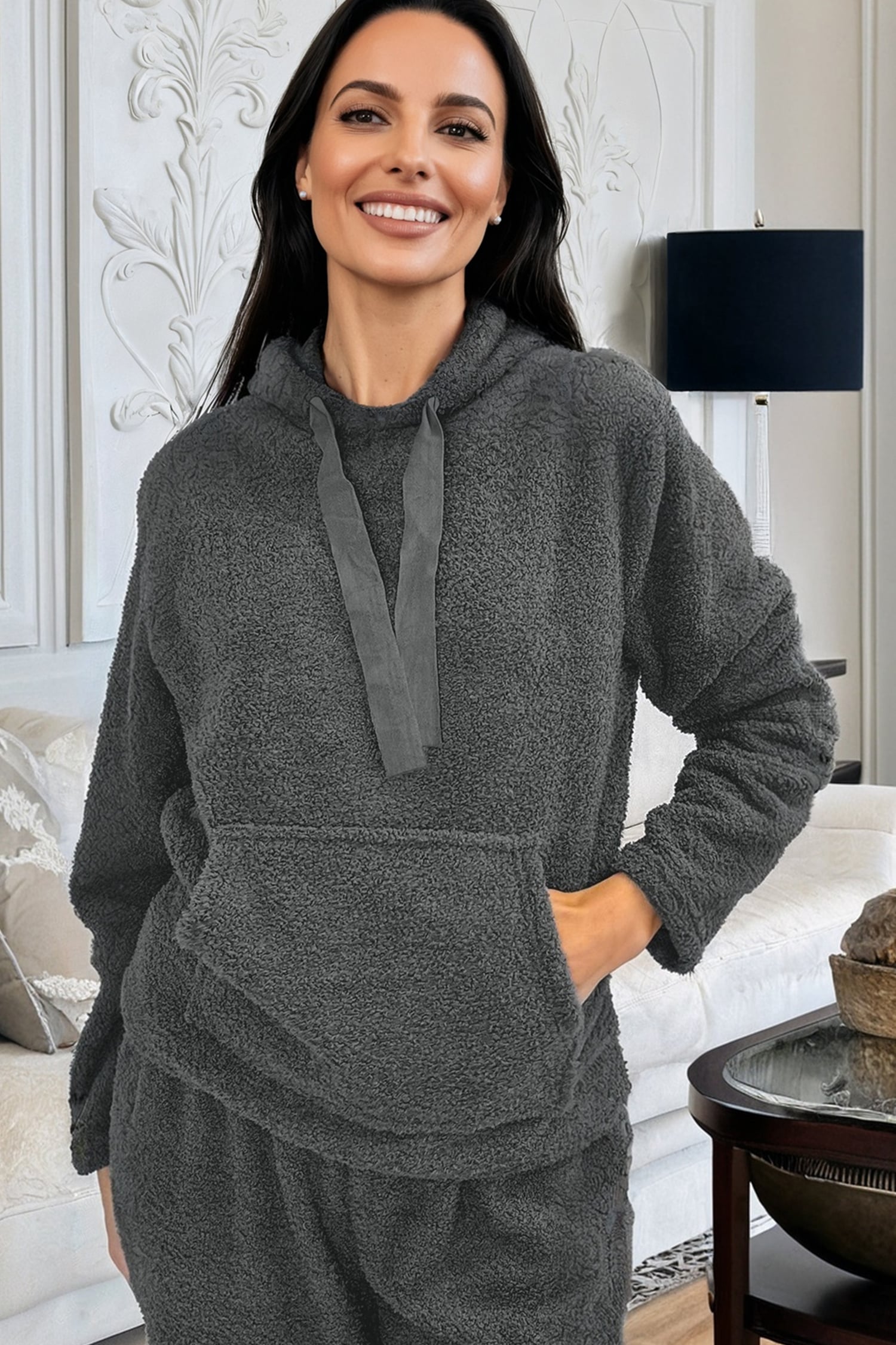Medium Grey Fuzzy Drawstring Hoodie Lounge Pants 2pcs Set