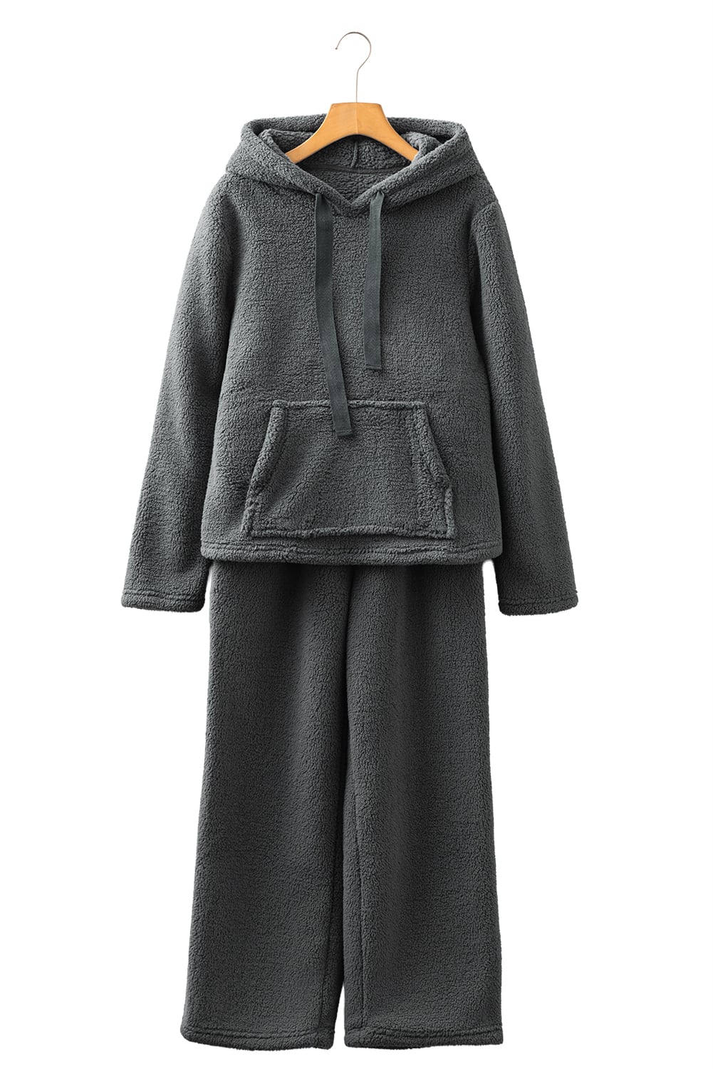 Medium Grey Fuzzy Drawstring Hoodie Lounge Pants 2pcs Set