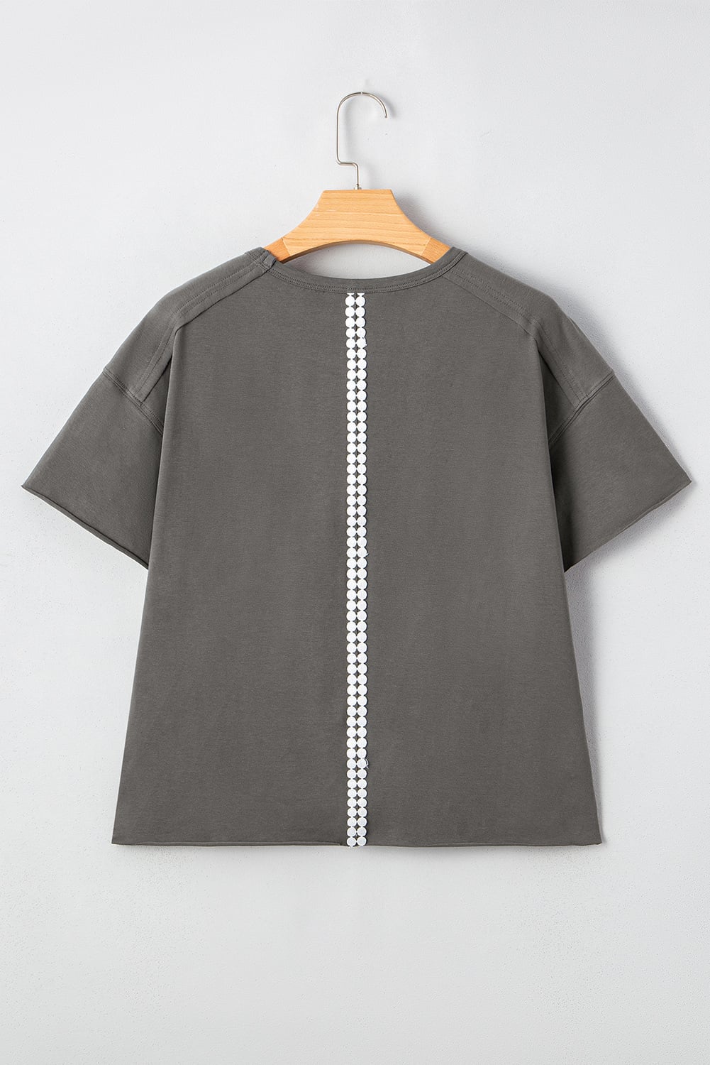 Medium Grey Lace Bow Raw Edge Drop Shoulder Casual T Shirt