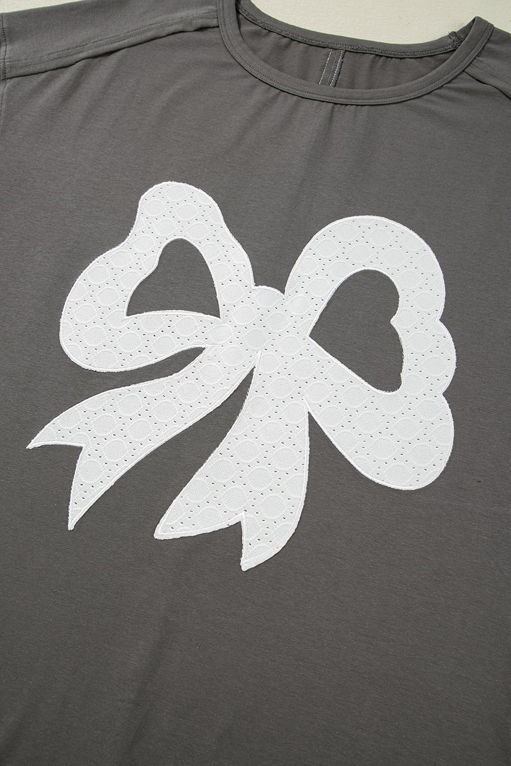 Medium Grey Lace Bow Raw Edge Drop Shoulder Casual T Shirt