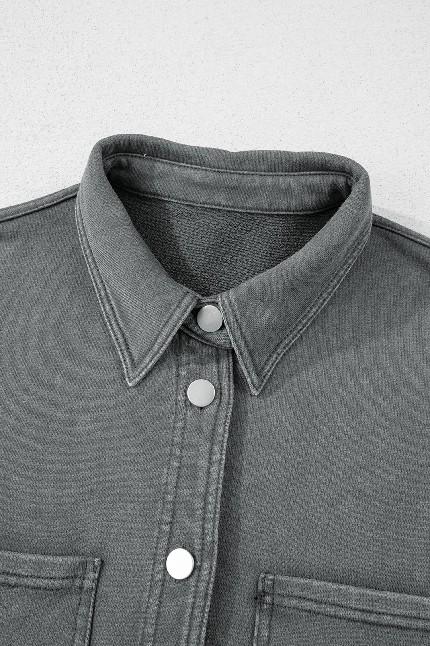 Medium Grey Mineral Wash Chest Pockets Drop Shoulder Shacket with Side Slit