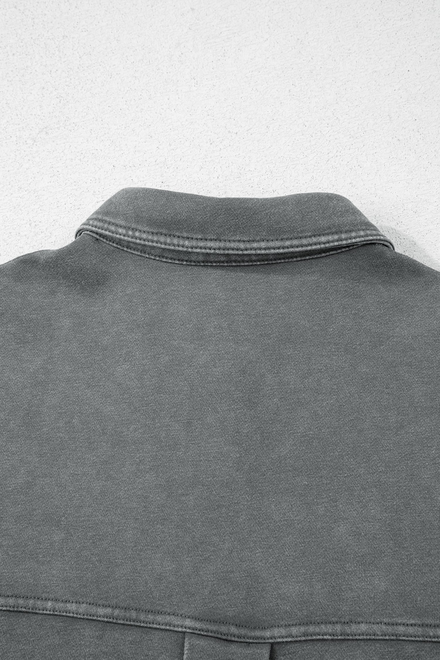 Medium Grey Mineral Wash Chest Pockets Drop Shoulder Shacket with Side Slit