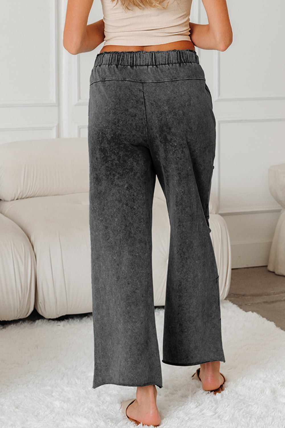 Medium Grey Mineral Wash Lace-up High Waist Raw Hem Patched Pocket Pants