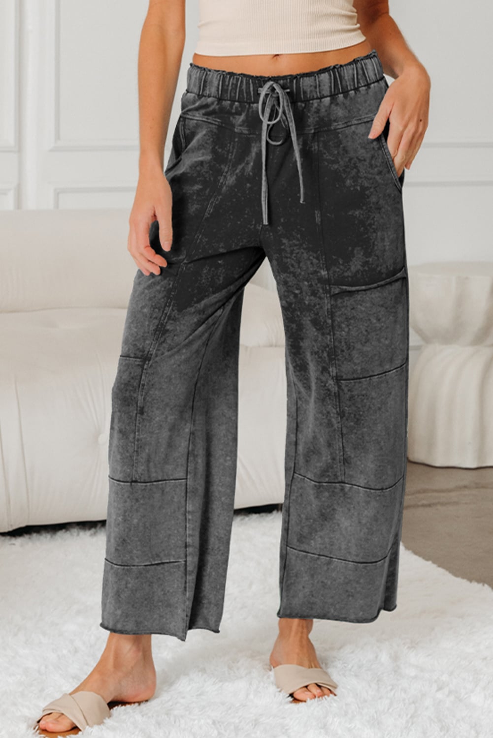 Medium Grey Mineral Wash Lace-up High Waist Raw Hem Patched Pocket Pants
