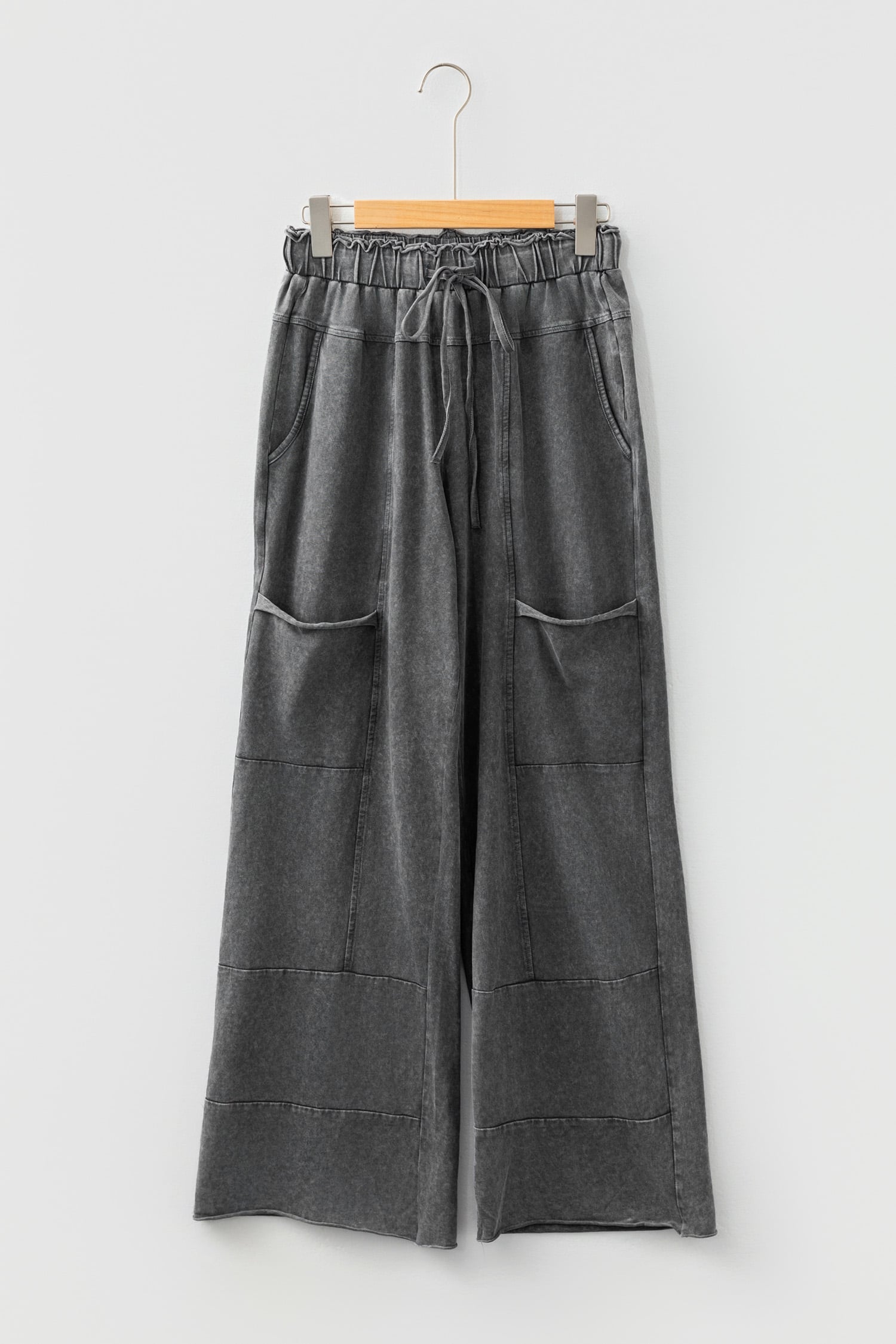 Medium Grey Mineral Wash Lace-up High Waist Raw Hem Patched Pocket Pants