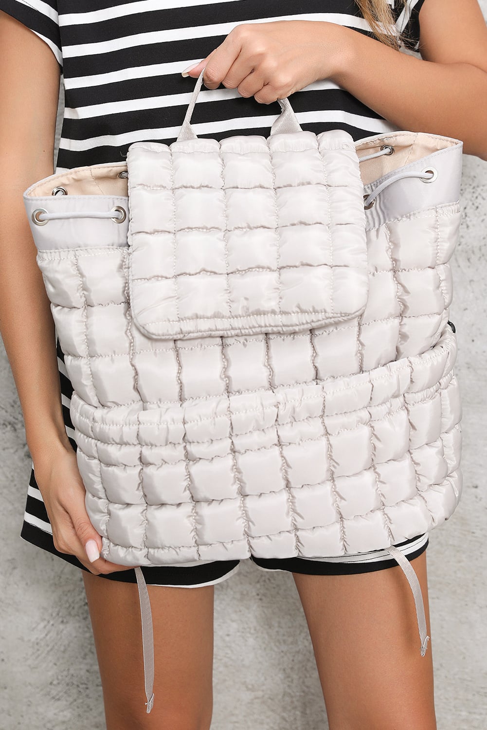 Medium Grey Solid Flapped Quilted Puffer Backpack