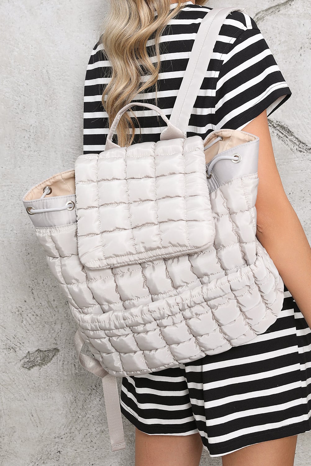Medium Grey Solid Flapped Quilted Puffer Backpack