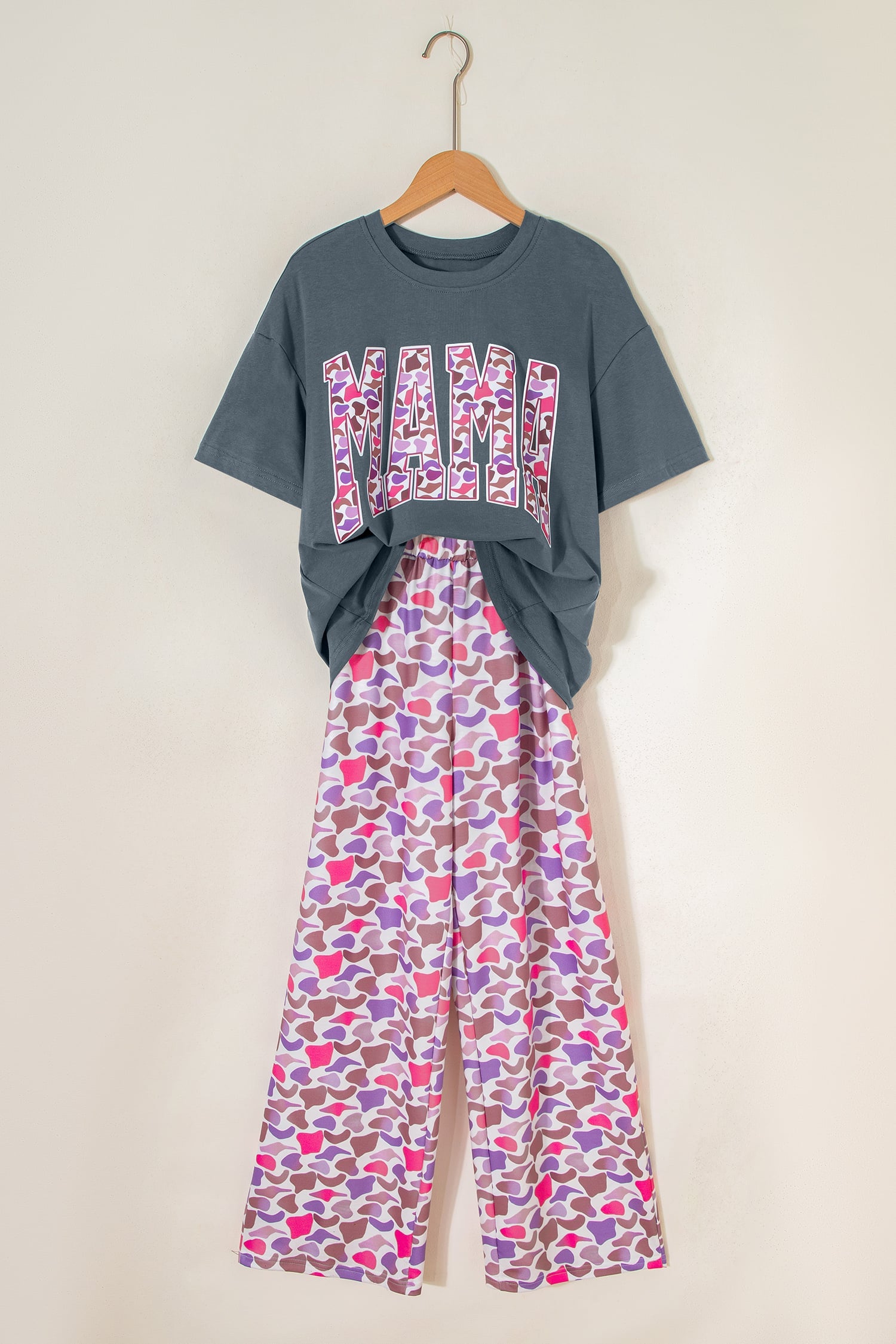 Medium Grey MAMA Letter Graphic Tee Camouflage Print Loose Pant Set