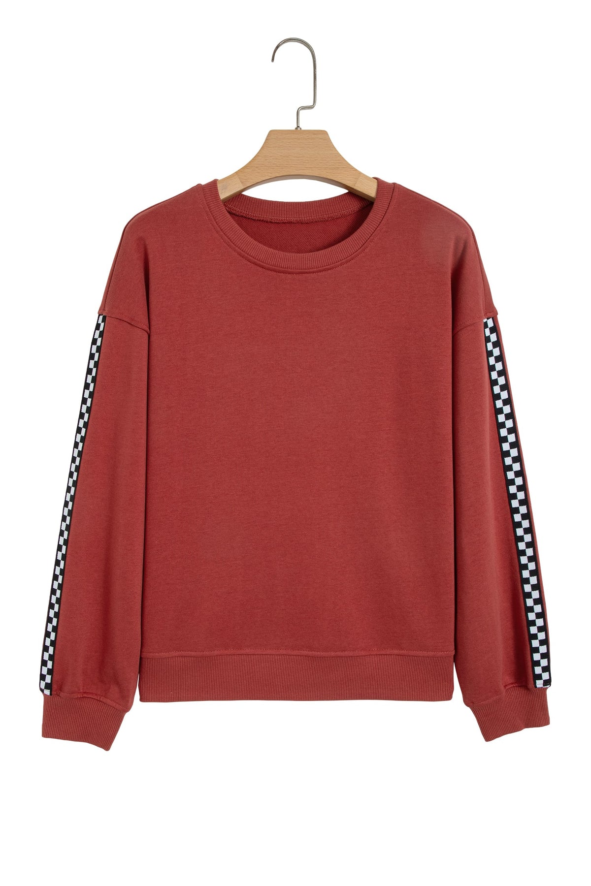 Mineral Red Checkered Trim Long Sleeve Round Neck Shift Sweatshirt