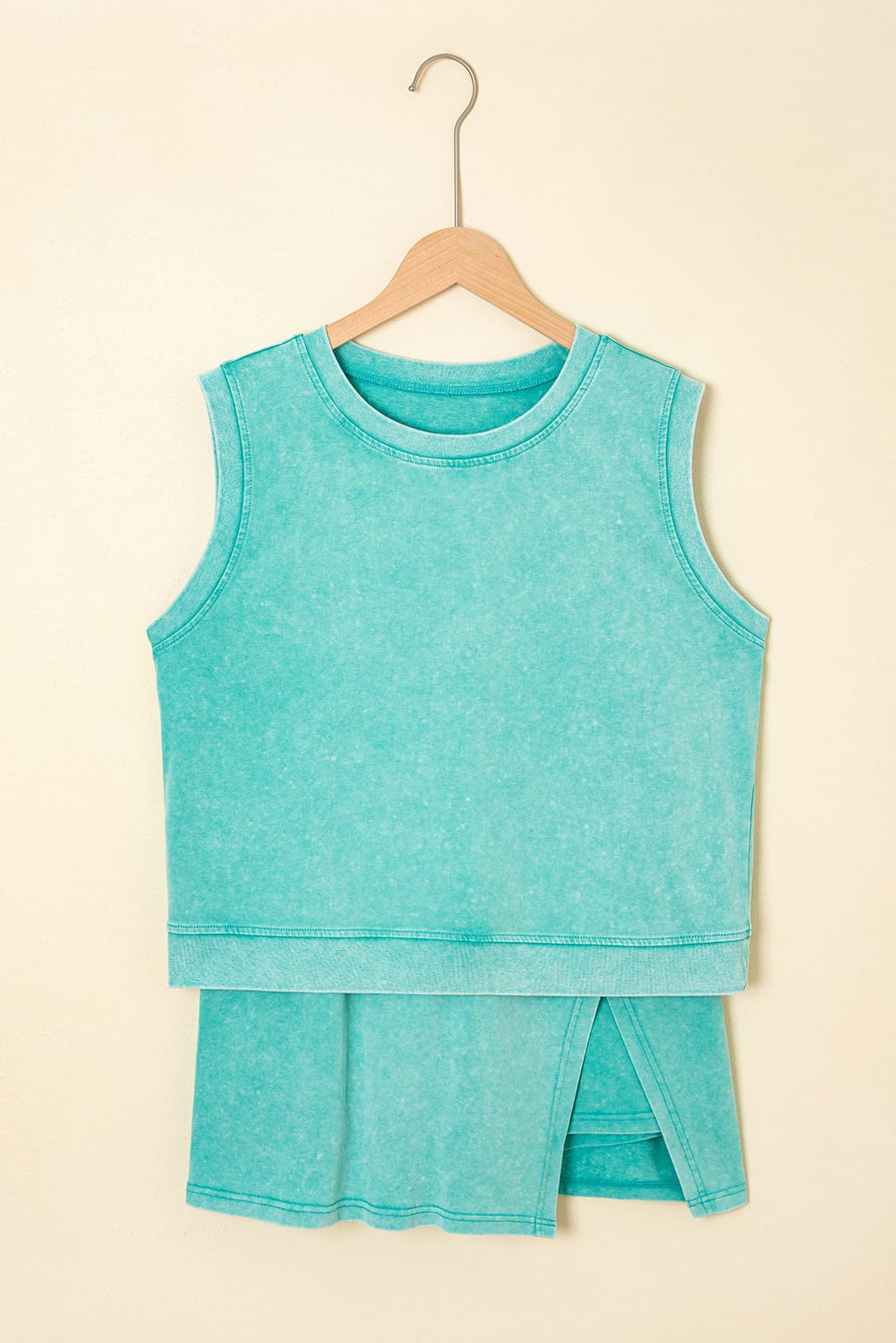 Mint Green Solid Color Washed Sleeveless Top Split Skort Cotton 2pcs Outfit