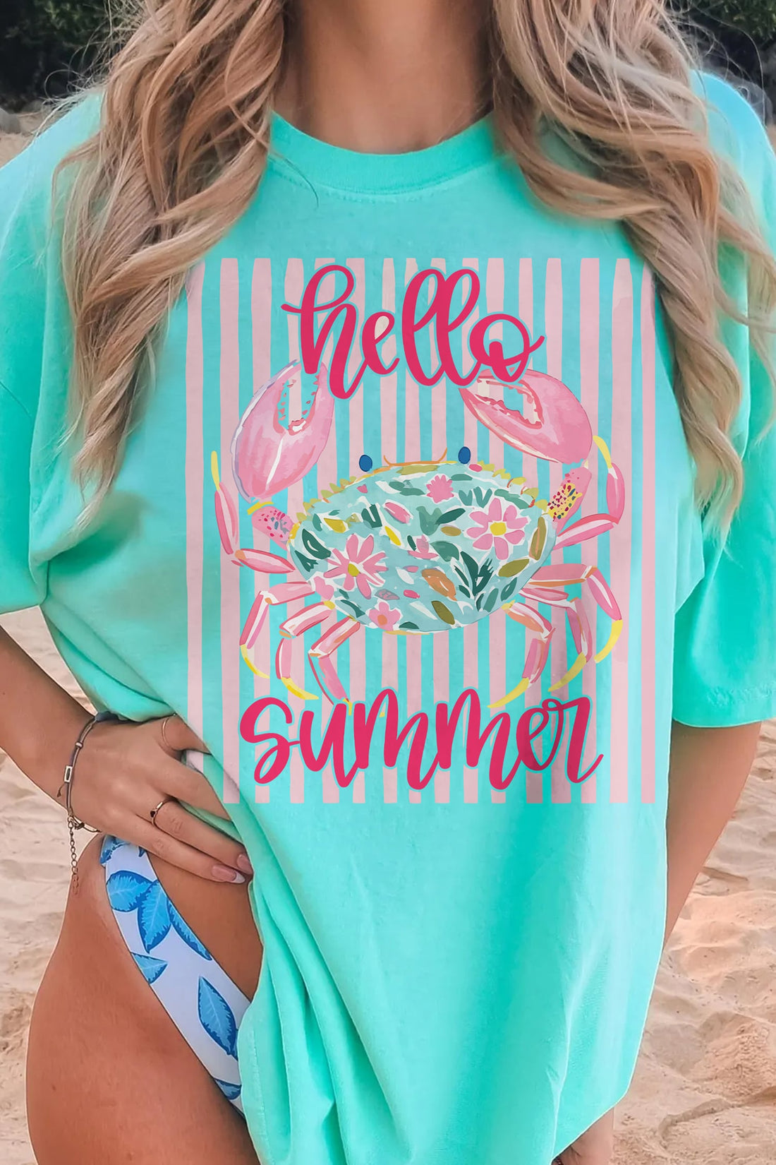 Mint Green Hello Summer Crab Print Loose Fit Short Sleeve T-Shirt