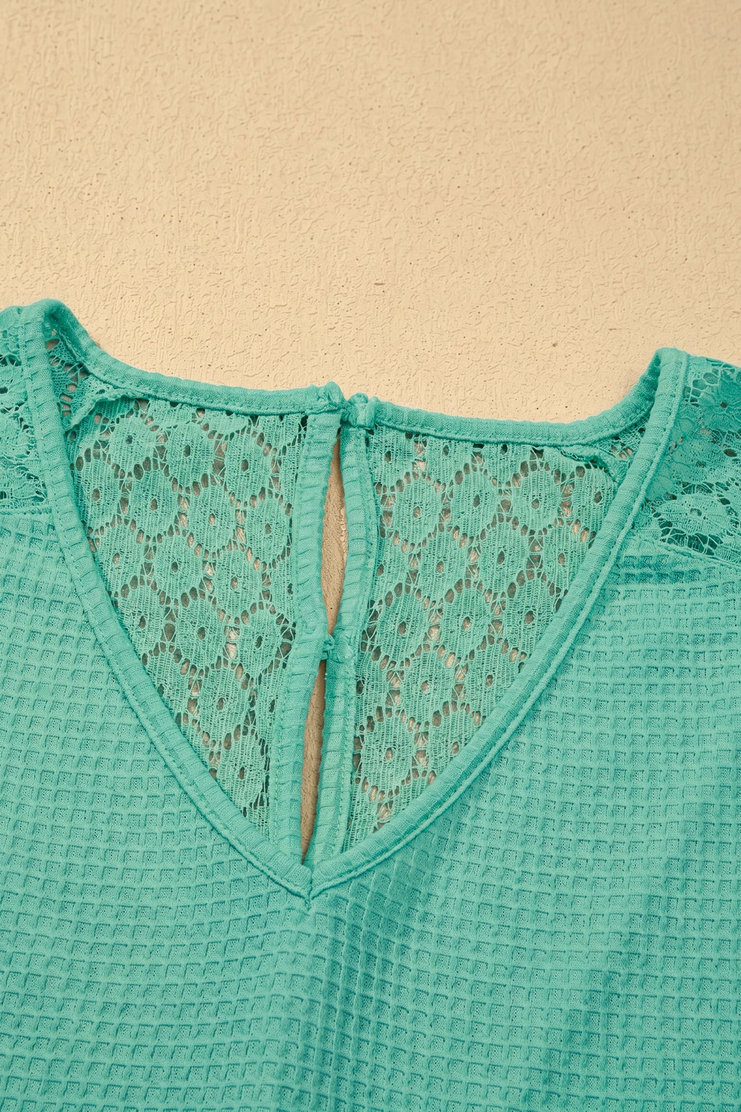 Mint Green Lace Splicing Button Cutout V Neck Waffle Knit Blouse