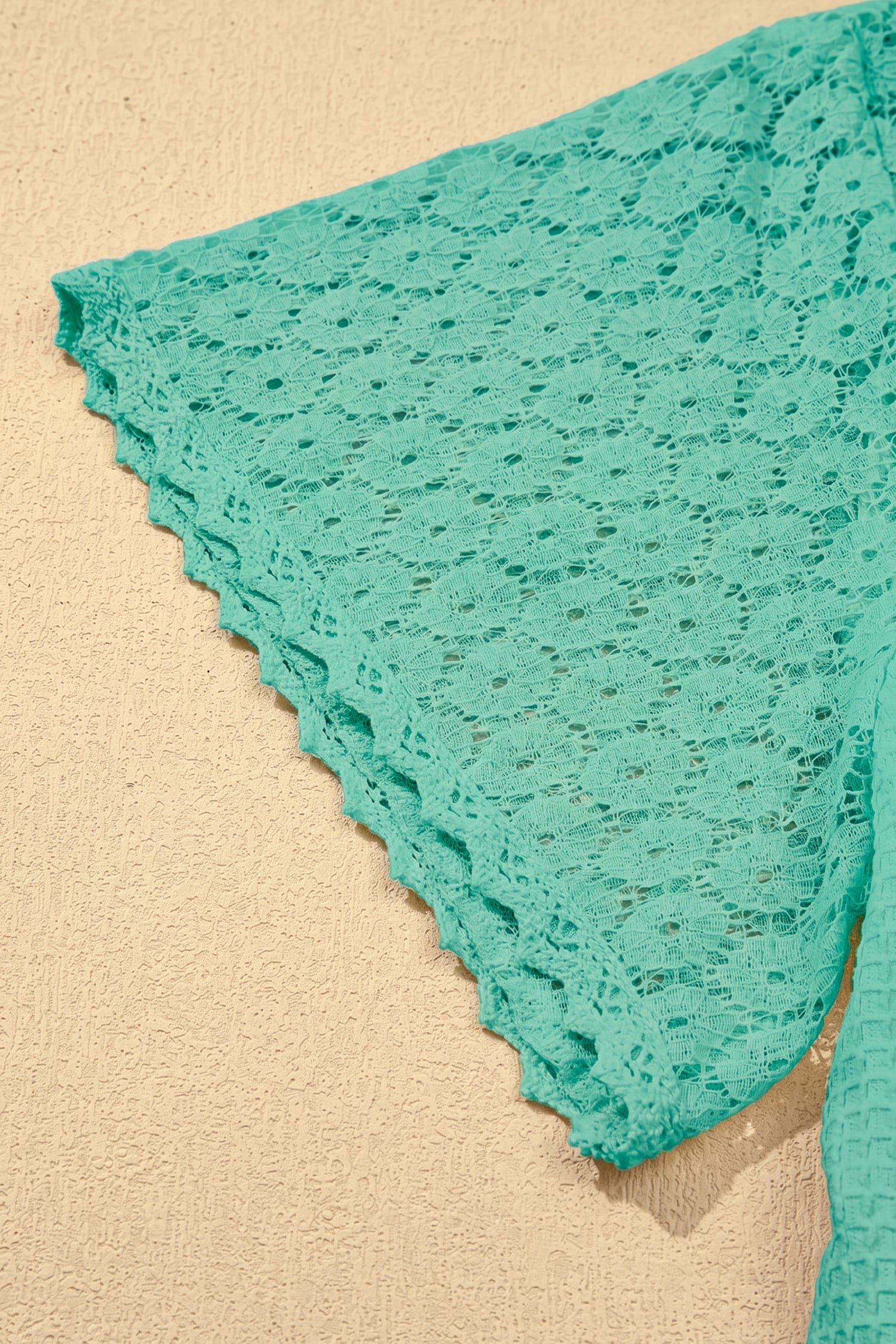 Mint Green Lace Splicing Button Cutout V Neck Waffle Knit Blouse