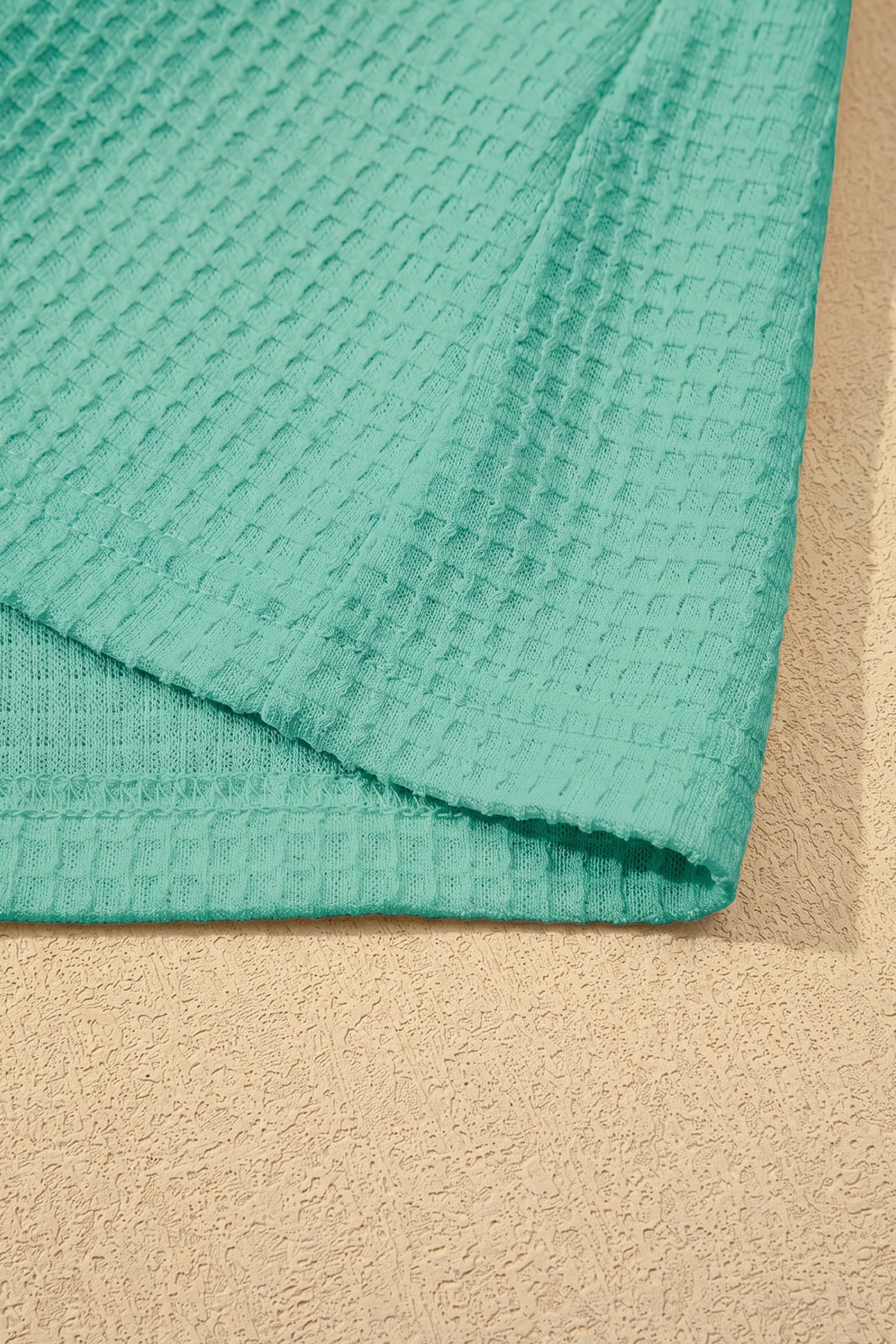 Mint Green Lace Splicing Button Cutout V Neck Waffle Knit Blouse