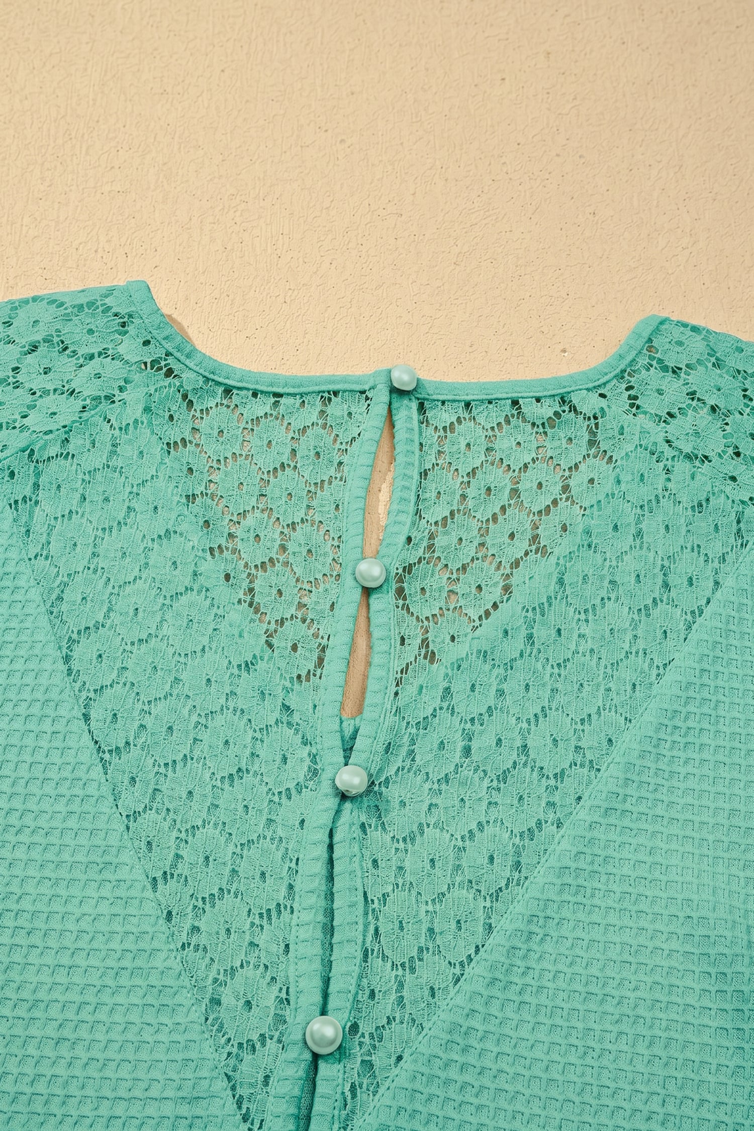 Mint Green Lace Splicing Button Cutout V Neck Waffle Knit Blouse