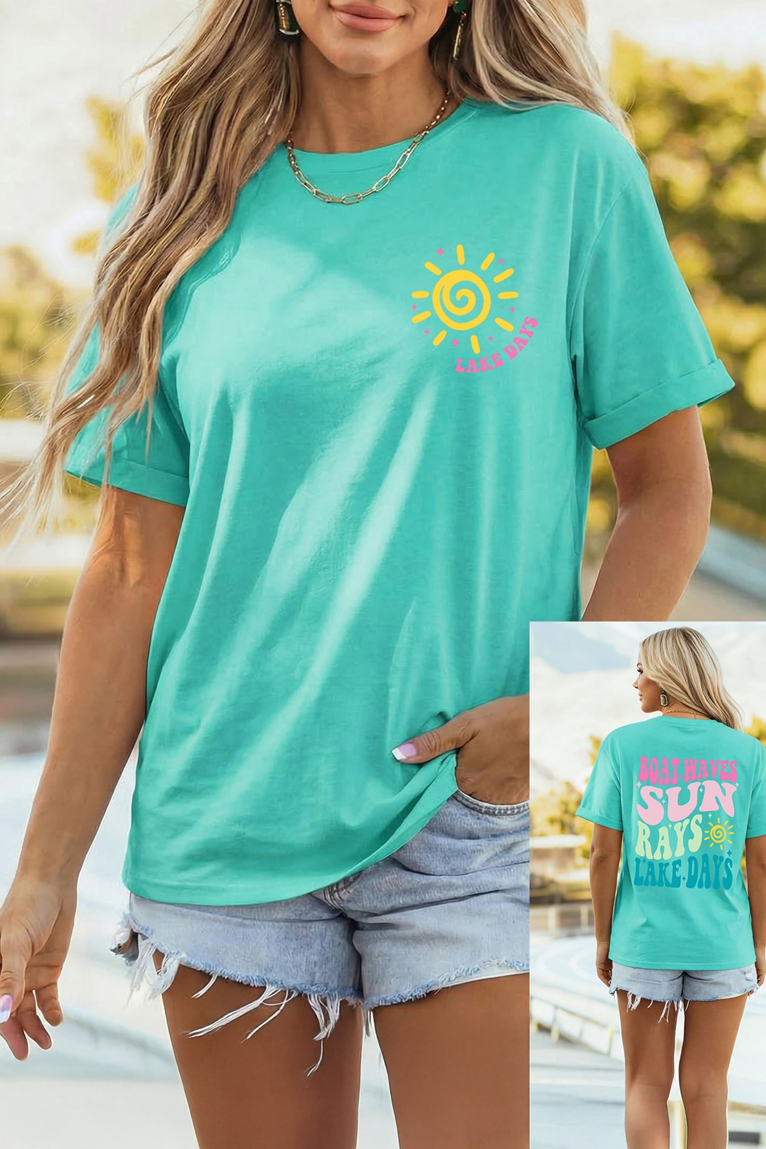 Mint Green LAKE DAYS Double Side Printed Vacation T Shirt