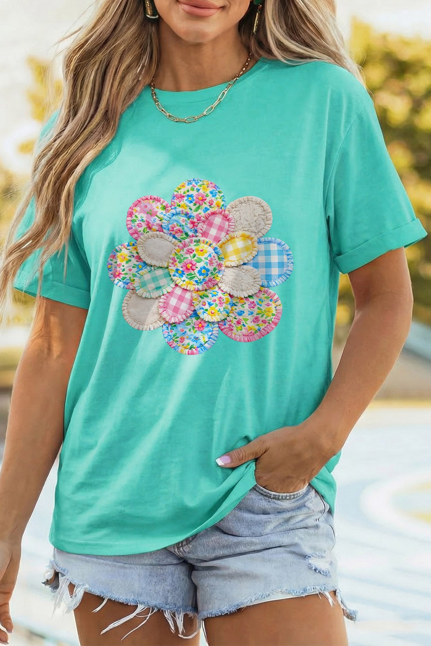 Mint Green Patchwork Flower Printed Casual T Shirt