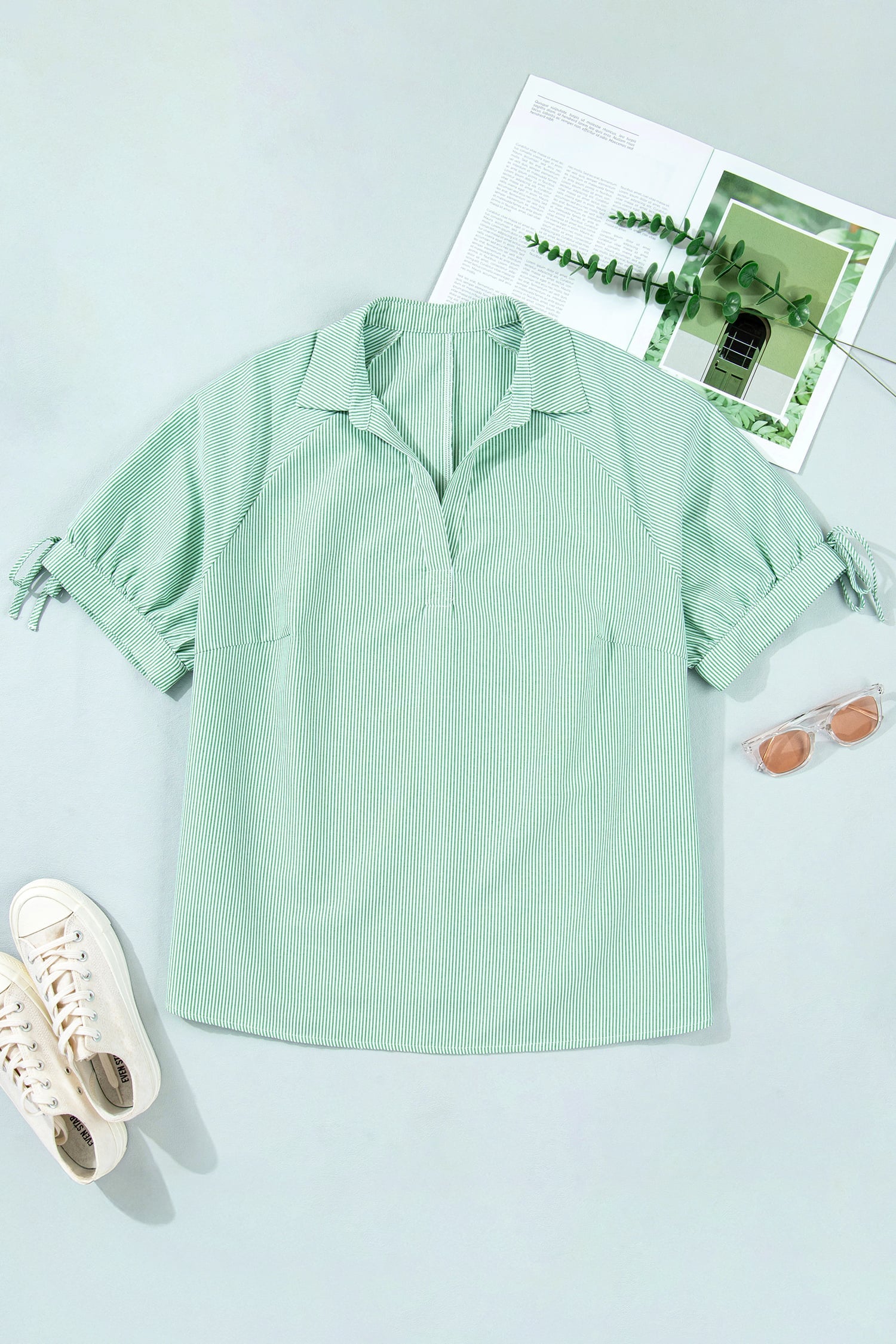 Mint Green Plus Size Striped Print Collar V Neck Short Sleeve Blouse