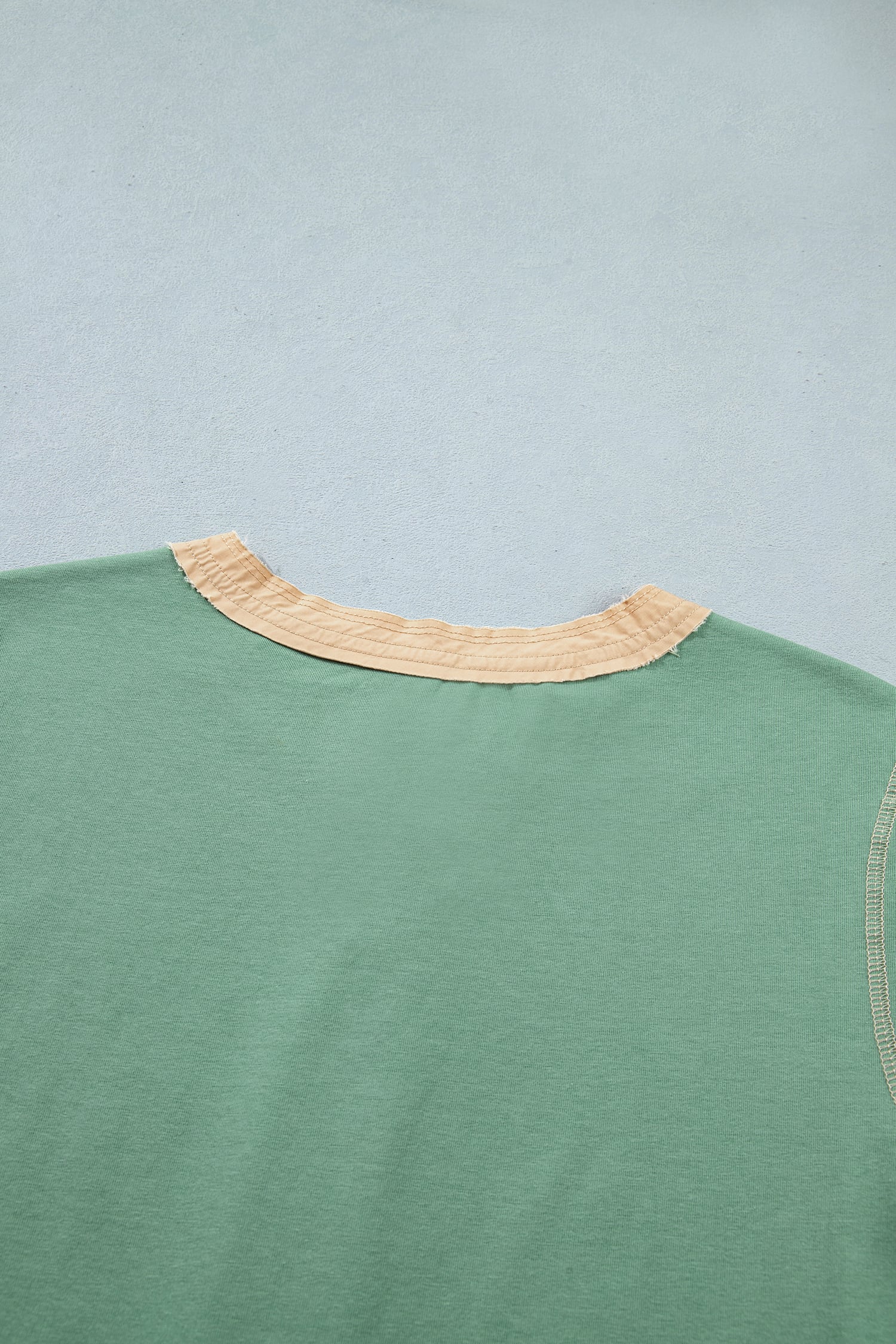 Mint Green Raw Seam Color Block Detail Buttoned Henley Tee