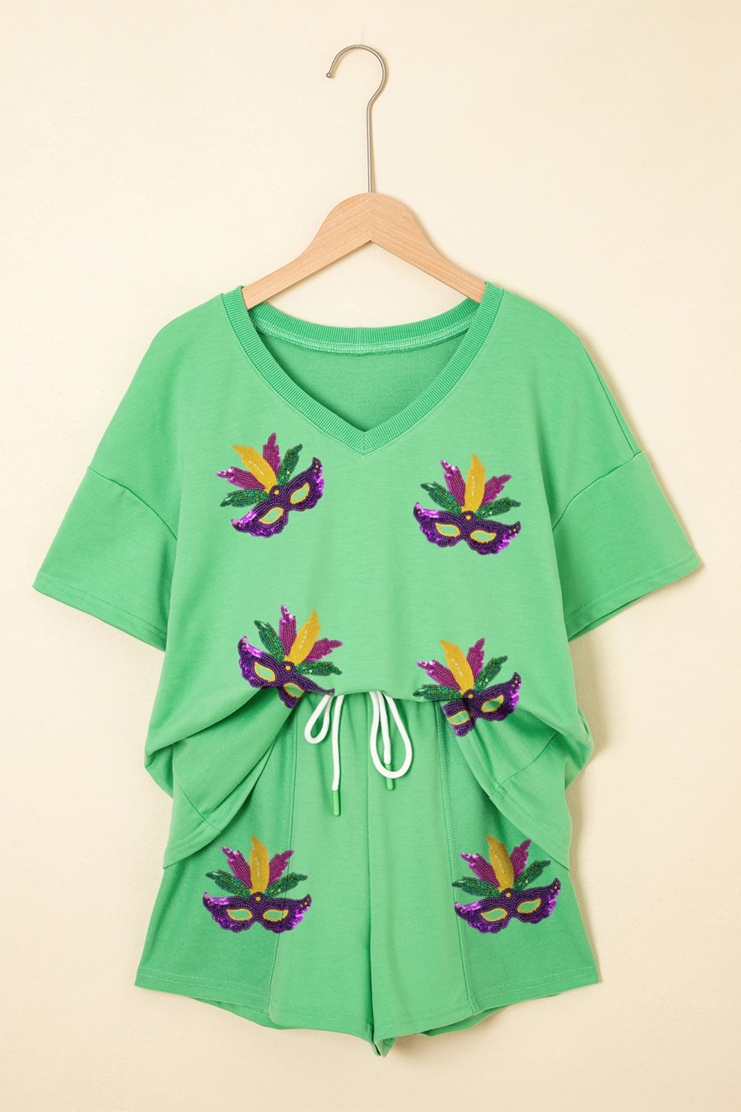 Mint Green Sequin Mardi Gras Mask V Neck Tee Drawstring Shorts 2pcs Outfit