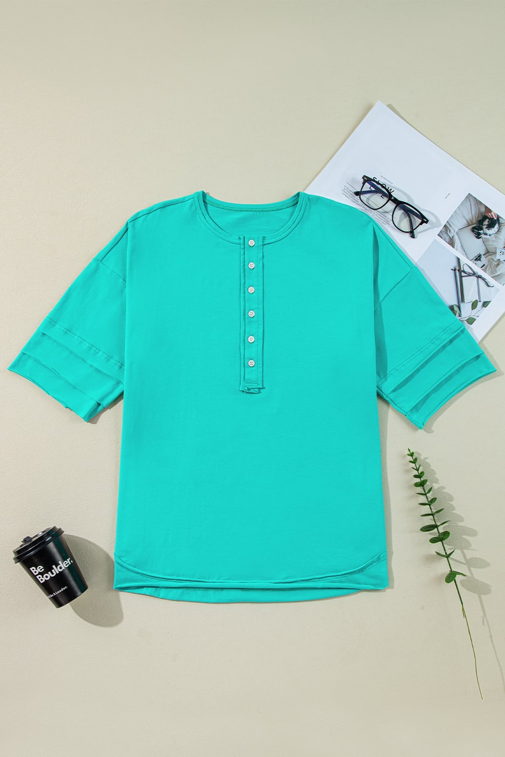 Mint Green Solid Color Half Sleeve Buttons Henley Top