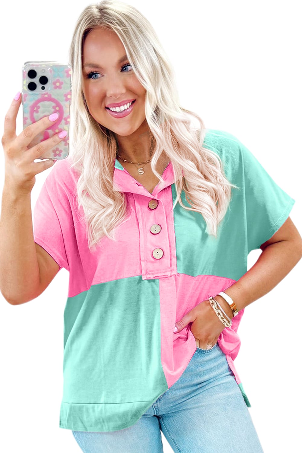 Mint Green Two Tone Half Buttons Collared T Shirt