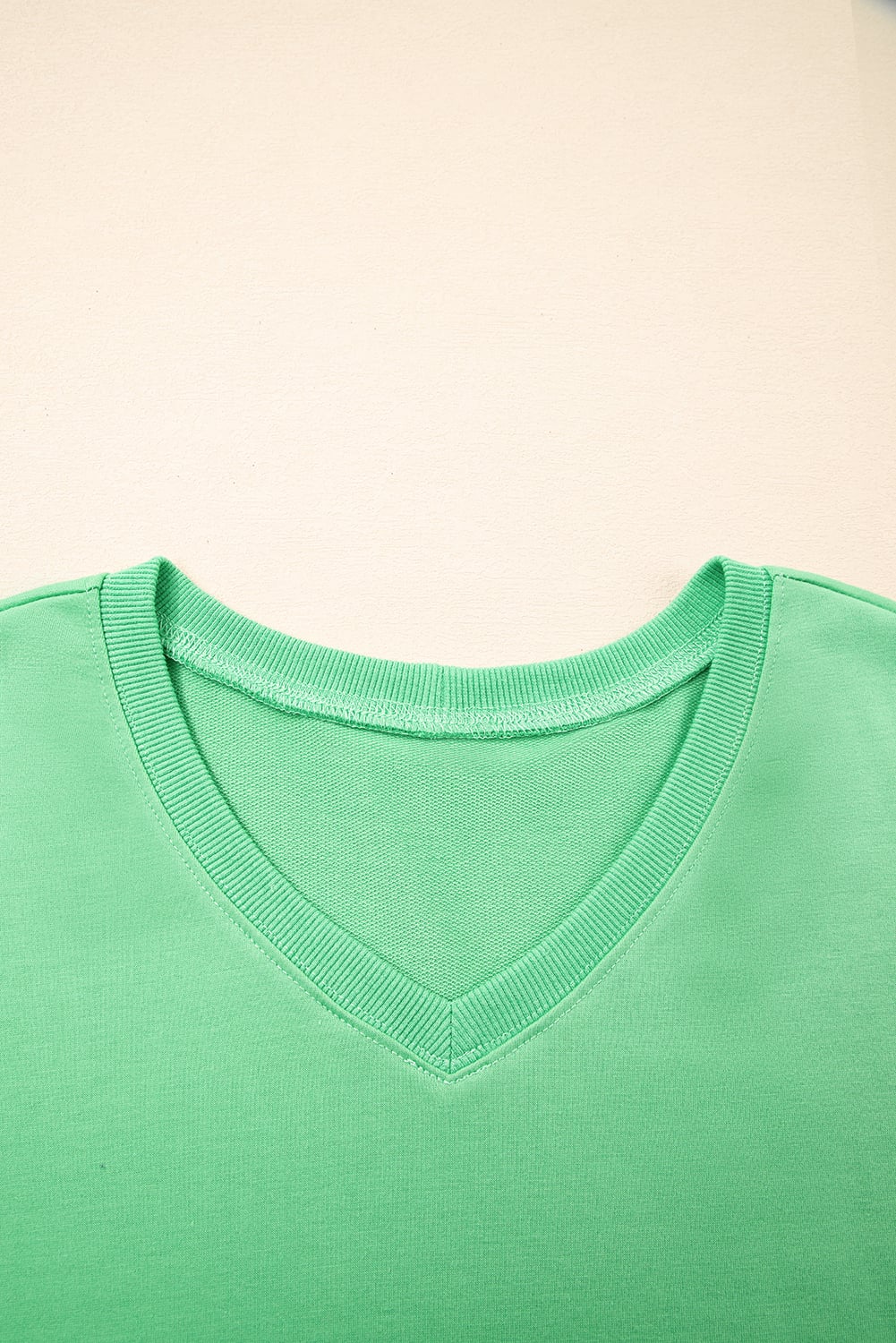 Mint Green V Neck Drop Shoulder Tee and Patchwork Drawstring Elastic Waistband Shorts Set