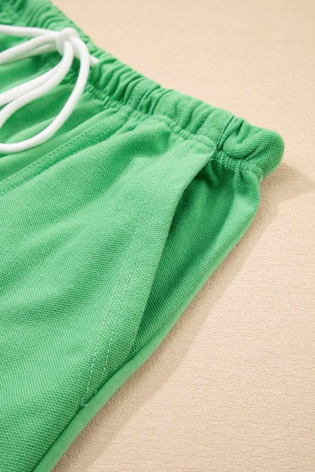 Mint Green V Neck Drop Shoulder Tee and Patchwork Drawstring Elastic Waistband Shorts Set