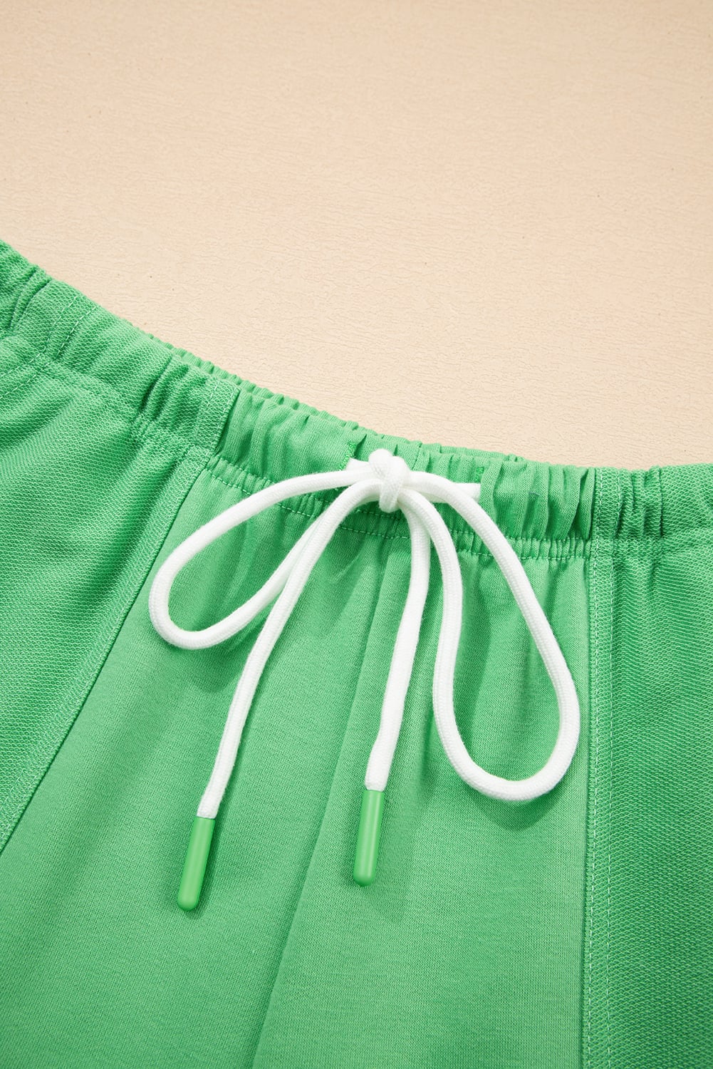 Mint Green V Neck Drop Shoulder Tee and Patchwork Drawstring Elastic Waistband Shorts Set